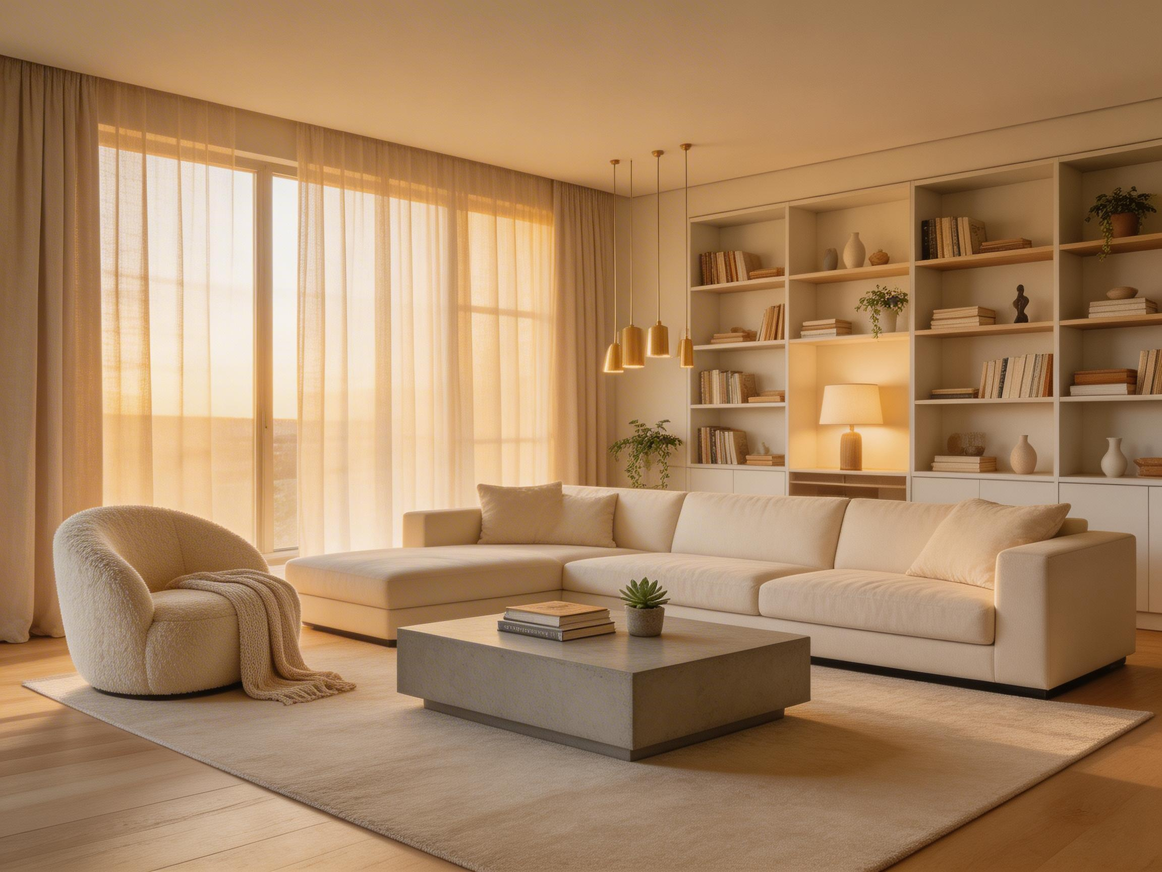 A curated modern living room combining low furniture, ceiling-height drapes, layered lighting, and deliberate material mixing — the result of applying the best modern living room ideas in combination.