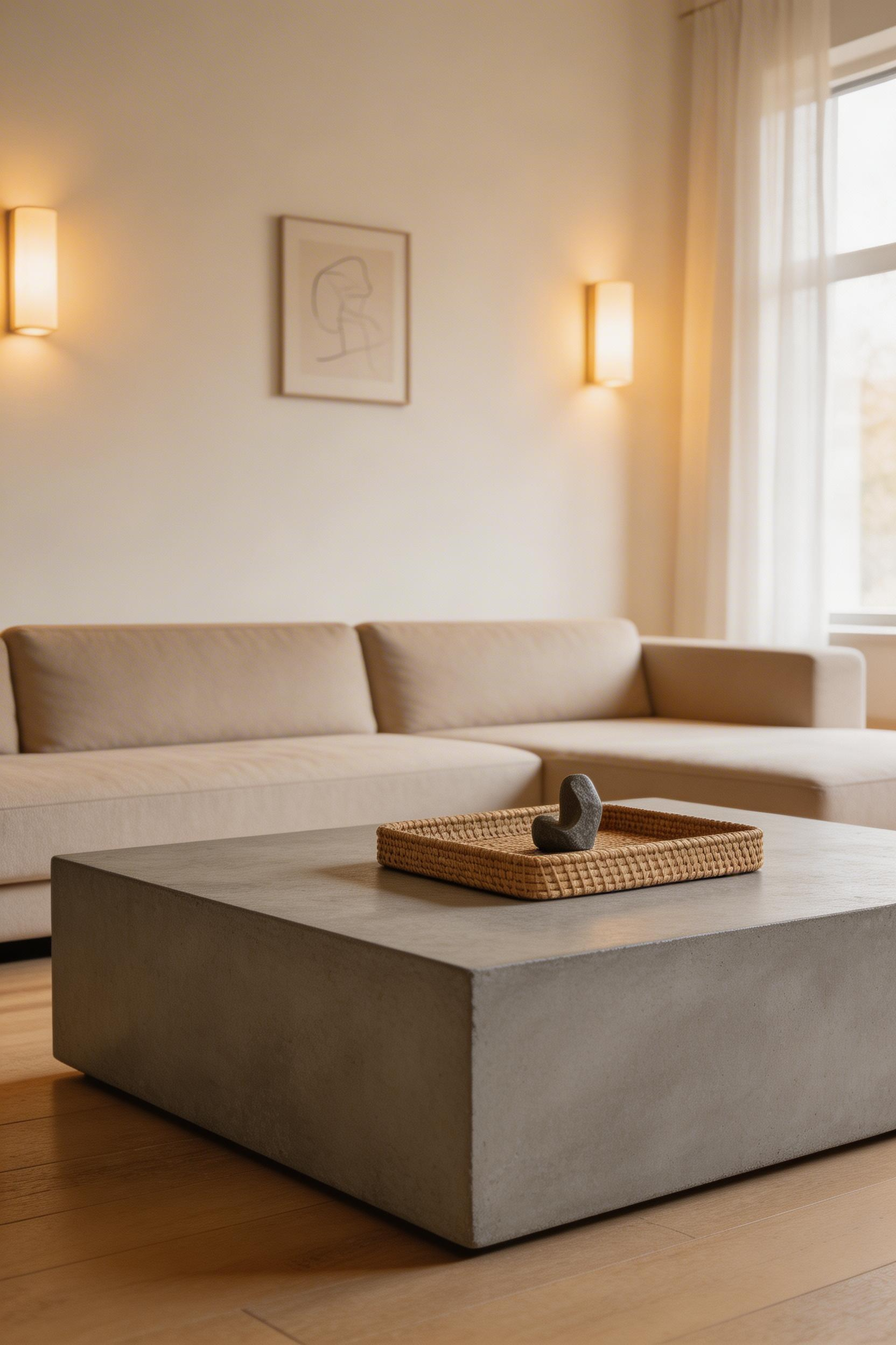 A concrete or stone coffee table grounds a modern living room both physically and visually — one of the modern living room ideas that pays for itself in durability.