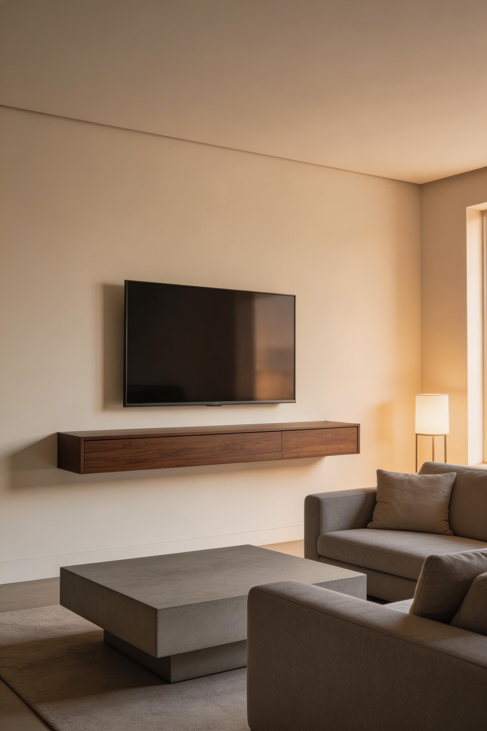 A floating media console and wall-mounted TV clear the floor plane and create the sense of more space — one of the most effective modern living room ideas for rooms that feel cramped.