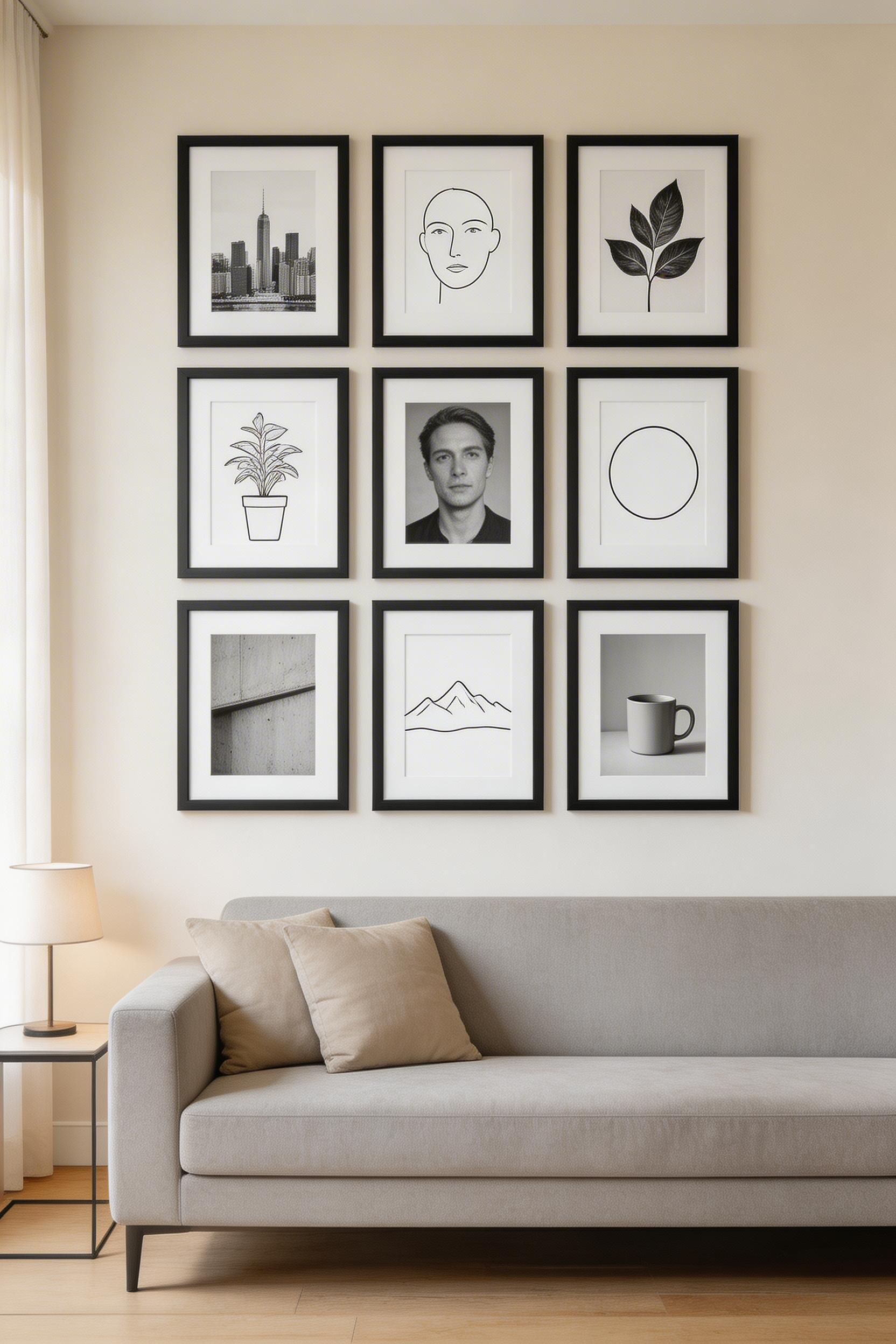 Consistent framing transforms a collection of art into a cohesive gallery wall — one of the most satisfying modern living room ideas to execute once you commit to the format.