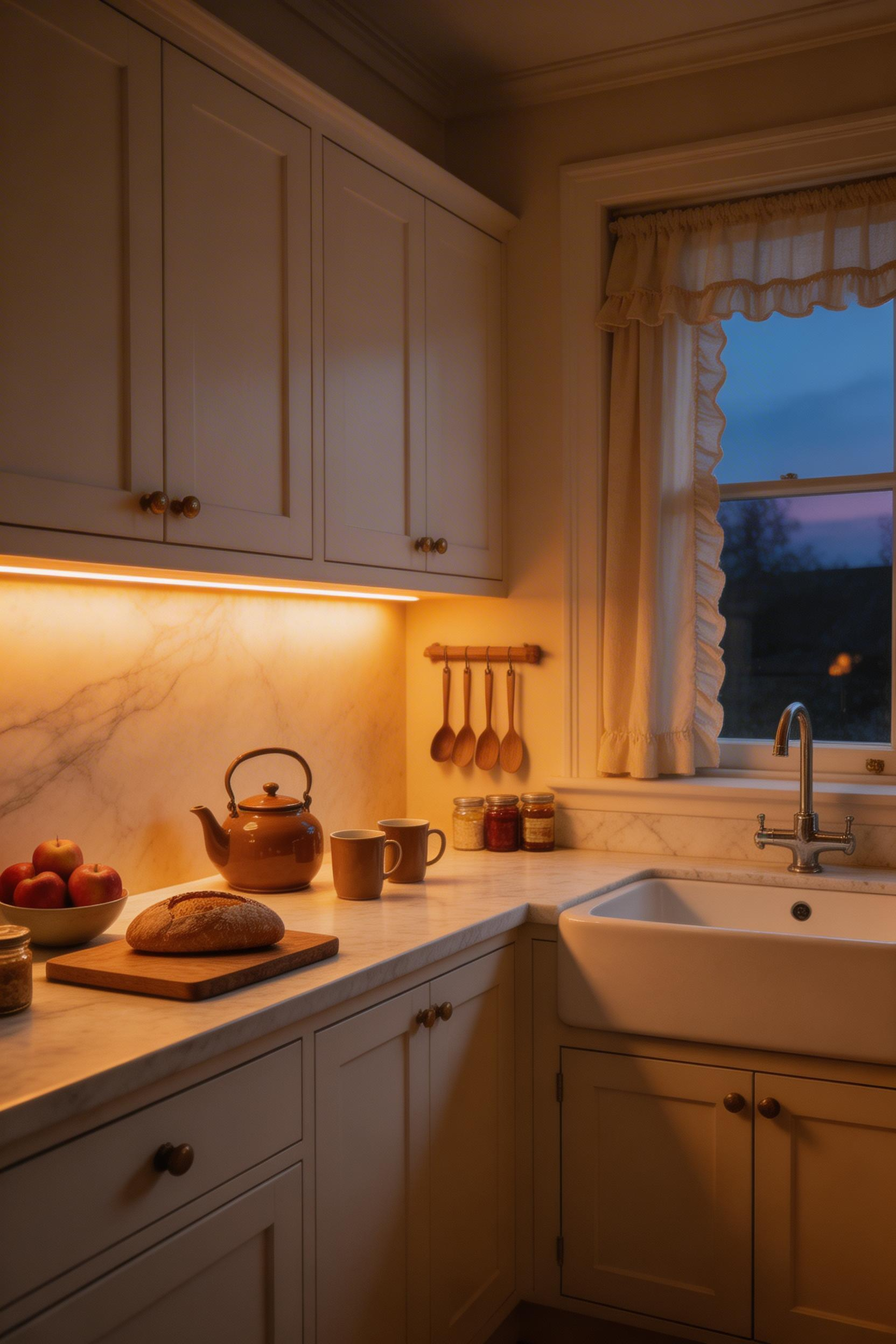 Under-cabinet LED lighting — one of the highest-ROI kitchen cabinets ideas, transforming both task lighting and evening atmosphere for a modest investment.