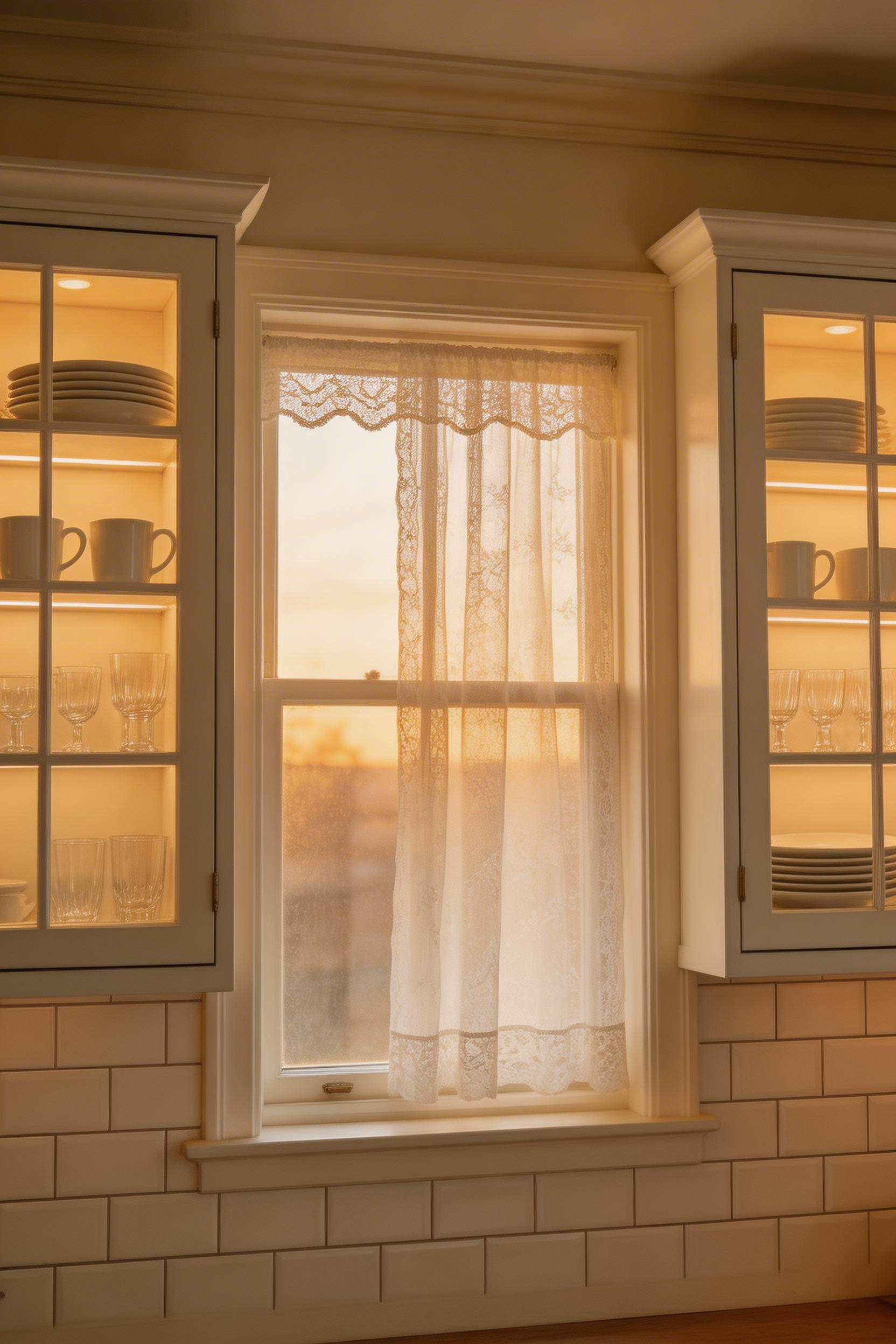 Glass-front kitchen cabinet doors work best in pairs or singles — flanking a window or above a coffee station, they add depth and display space without visual overload.