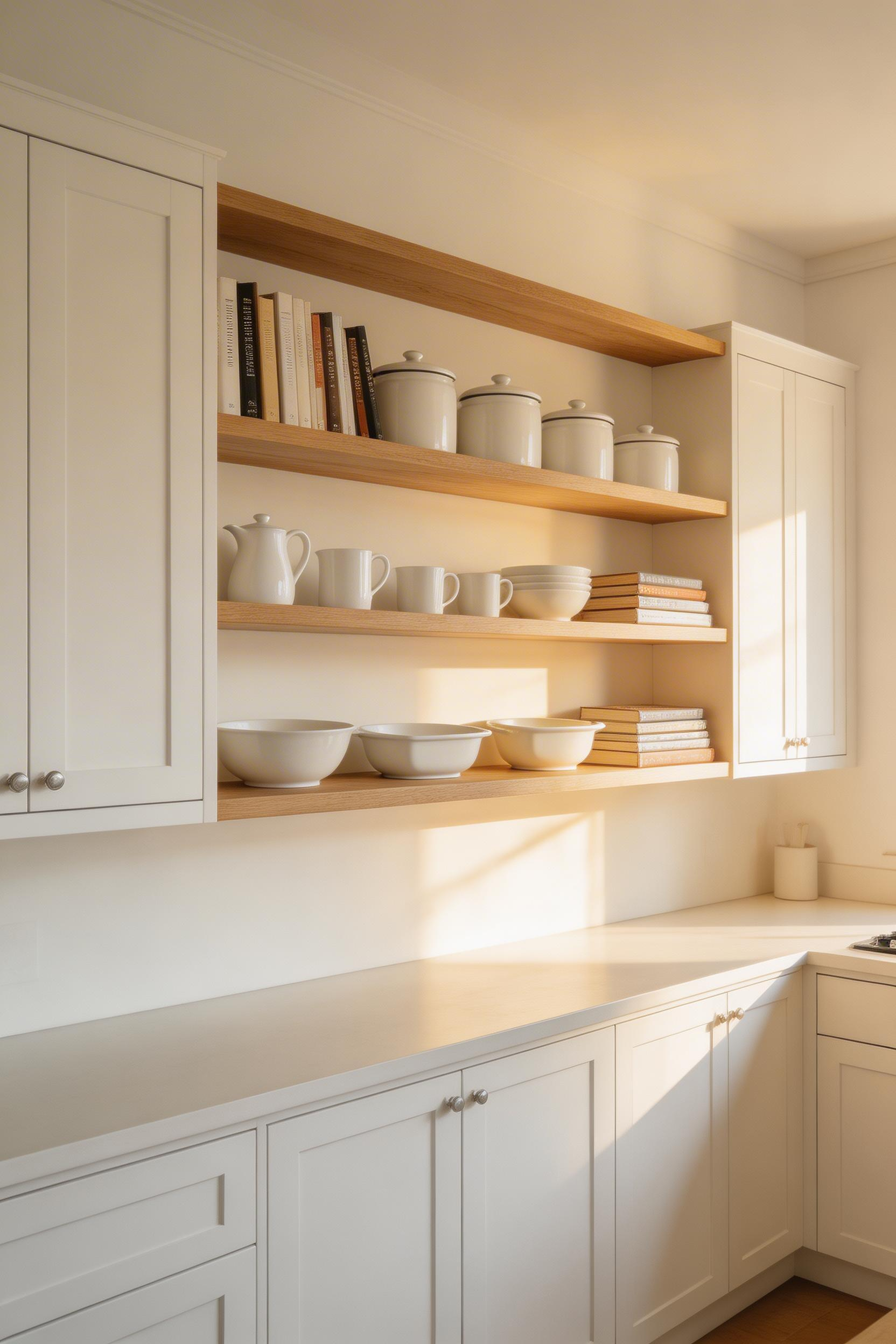 Open shelving as a deliberate accent in a kitchen cabinet layout — one shelf run lightens the visual weight while keeping everyday items accessible.