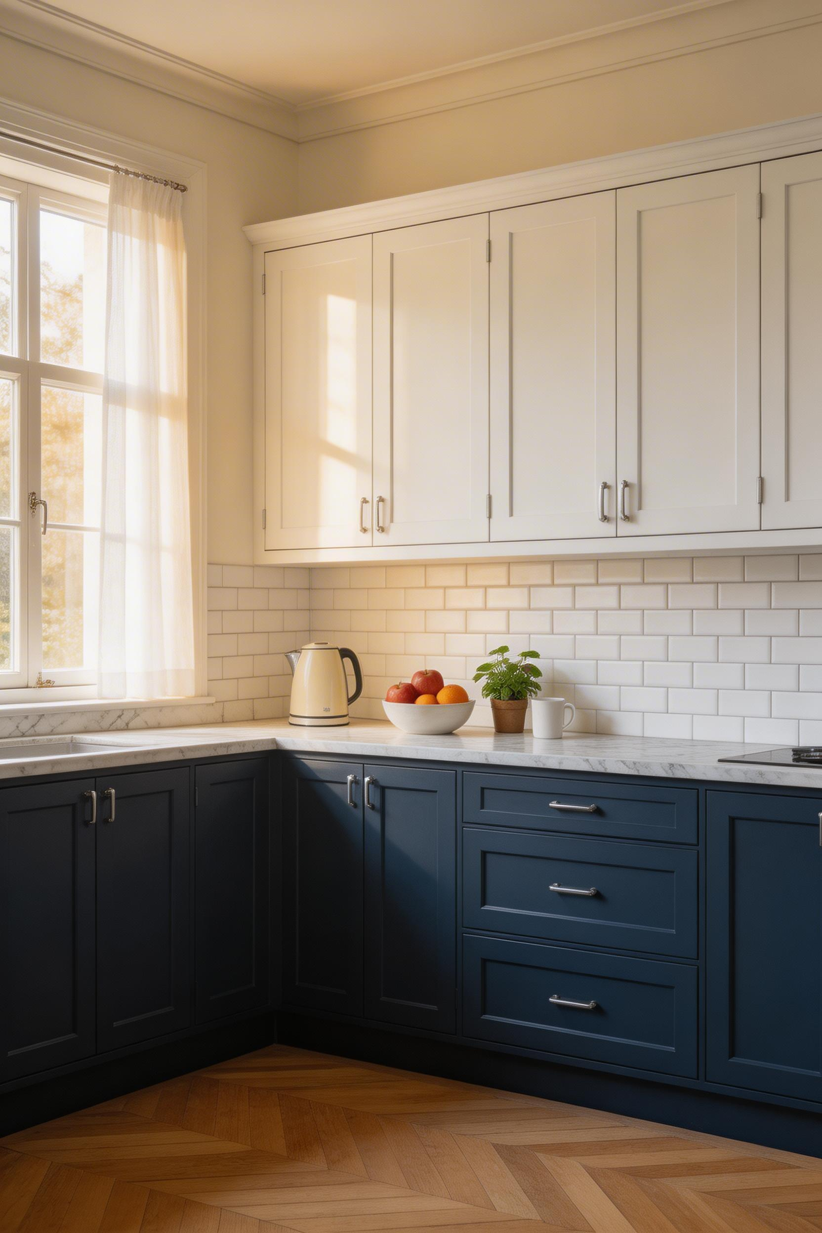 Two-tone kitchen cabinets ideas in action — white shaker uppers paired with navy blue lowers create visual depth and a layered, considered look.