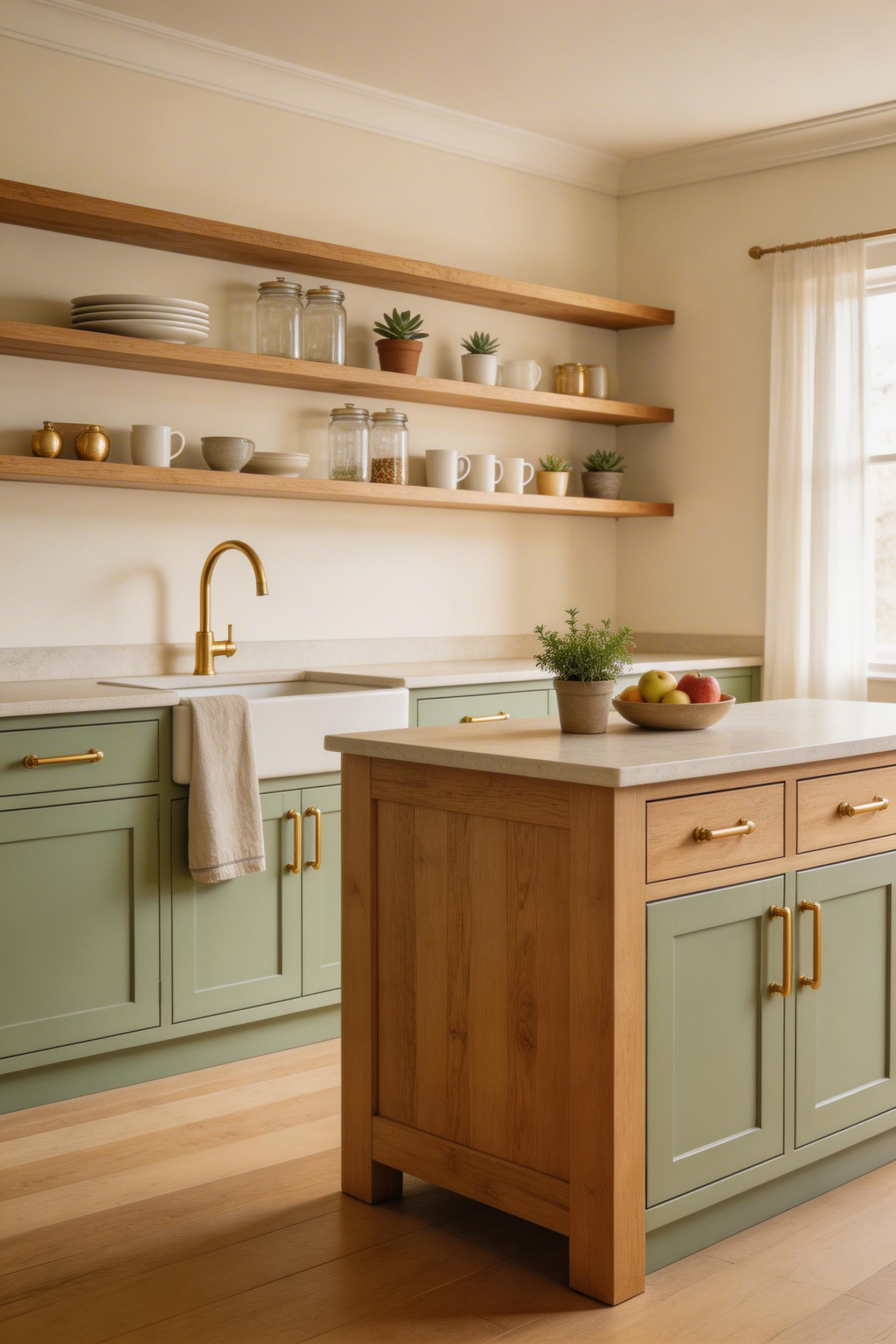 Mixing kitchen cabinet materials — painted, wood, and metal — creates a kitchen that looks curated when the proportions are right.