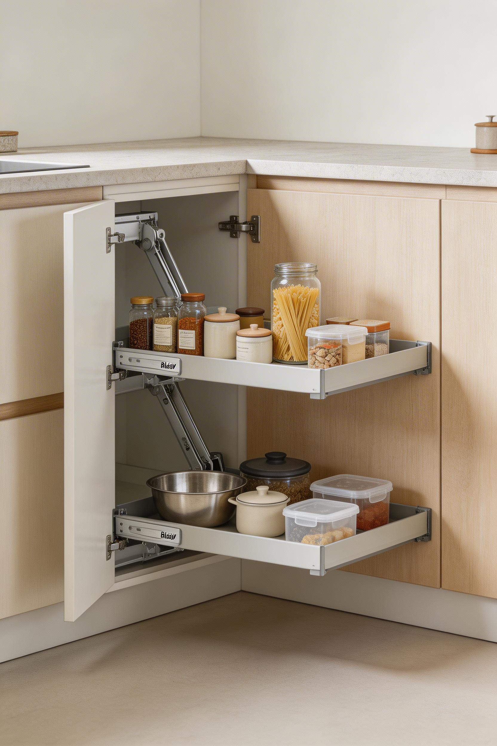 Corner kitchen cabinet ideas — magic corner pull-out mechanisms retrieve the full depth of corner storage that standard shelves leave inaccessible.