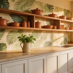 A rich botanical-print kitchen wallpaper feature wall anchors this warm, artisanal kitchen space, alongside walnut shelving, terracotta cookware, and stone surfaces.