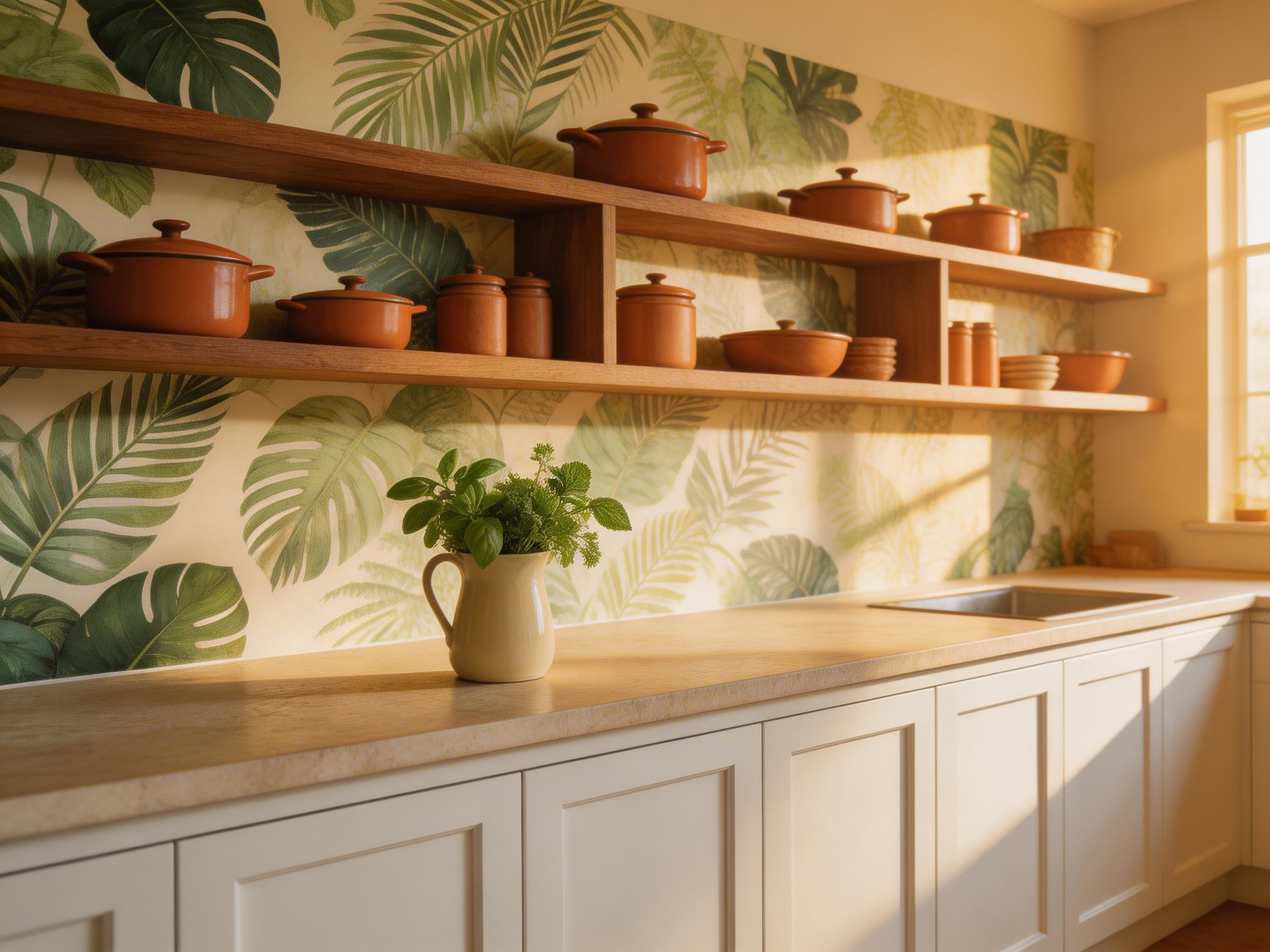 A rich botanical-print kitchen wallpaper feature wall anchors this warm, artisanal kitchen space, alongside walnut shelving, terracotta cookware, and stone surfaces.