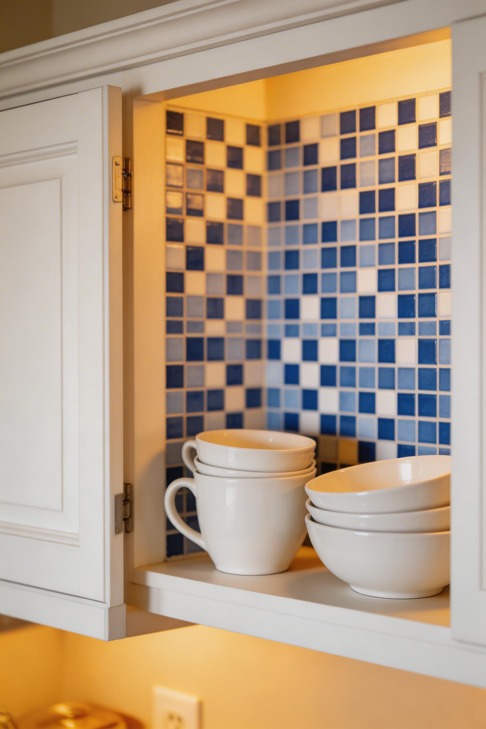 Peel-and-stick geometric wallpaper on the interior back panel of a kitchen cabinet turns every door-open moment into a small, repeated pleasure.