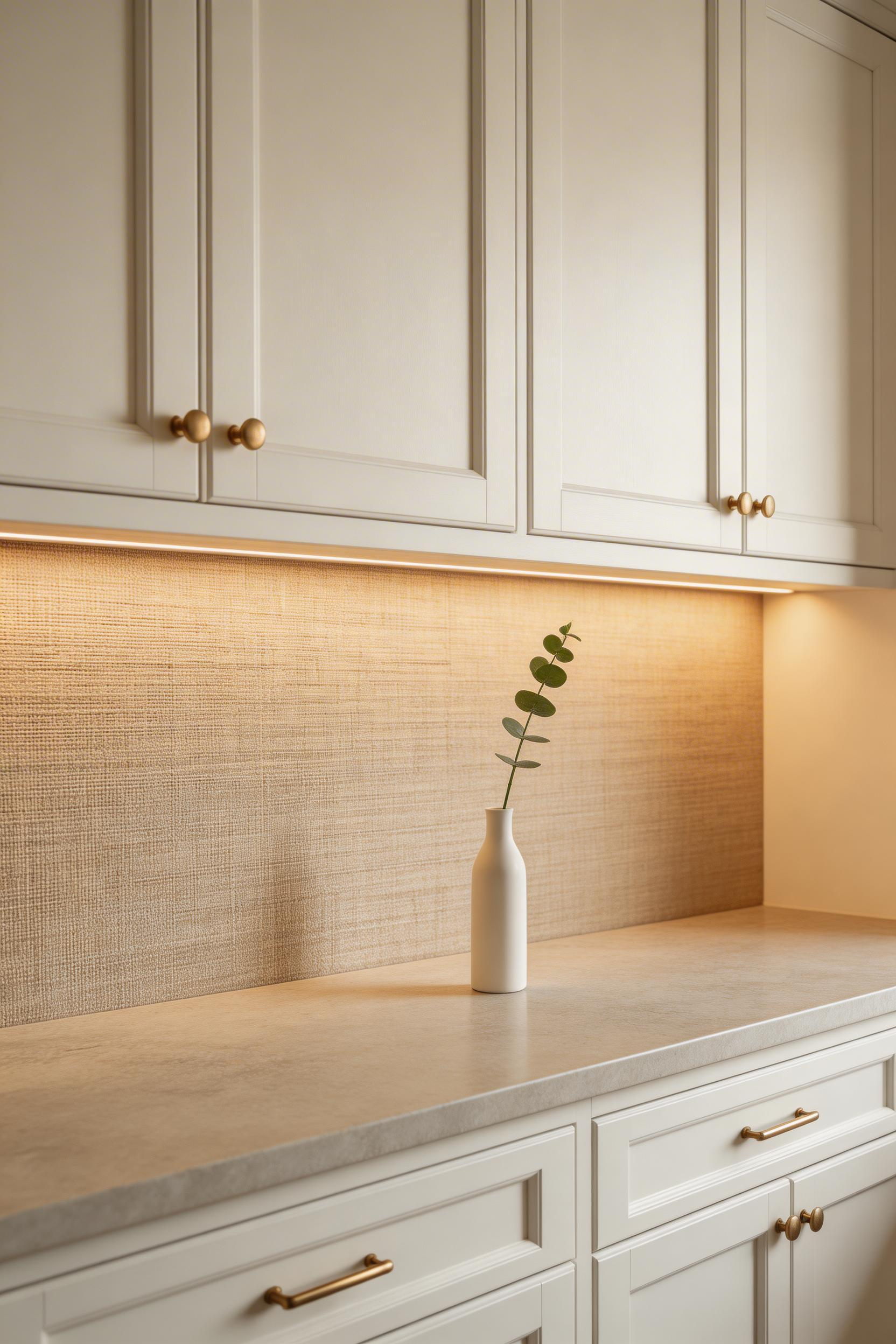 Warm oat-toned linen-texture wallpaper brings softness and tactile depth to this minimal kitchen, its woven surface lit by under-cabinet LEDs to reveal every subtle thread shadow.