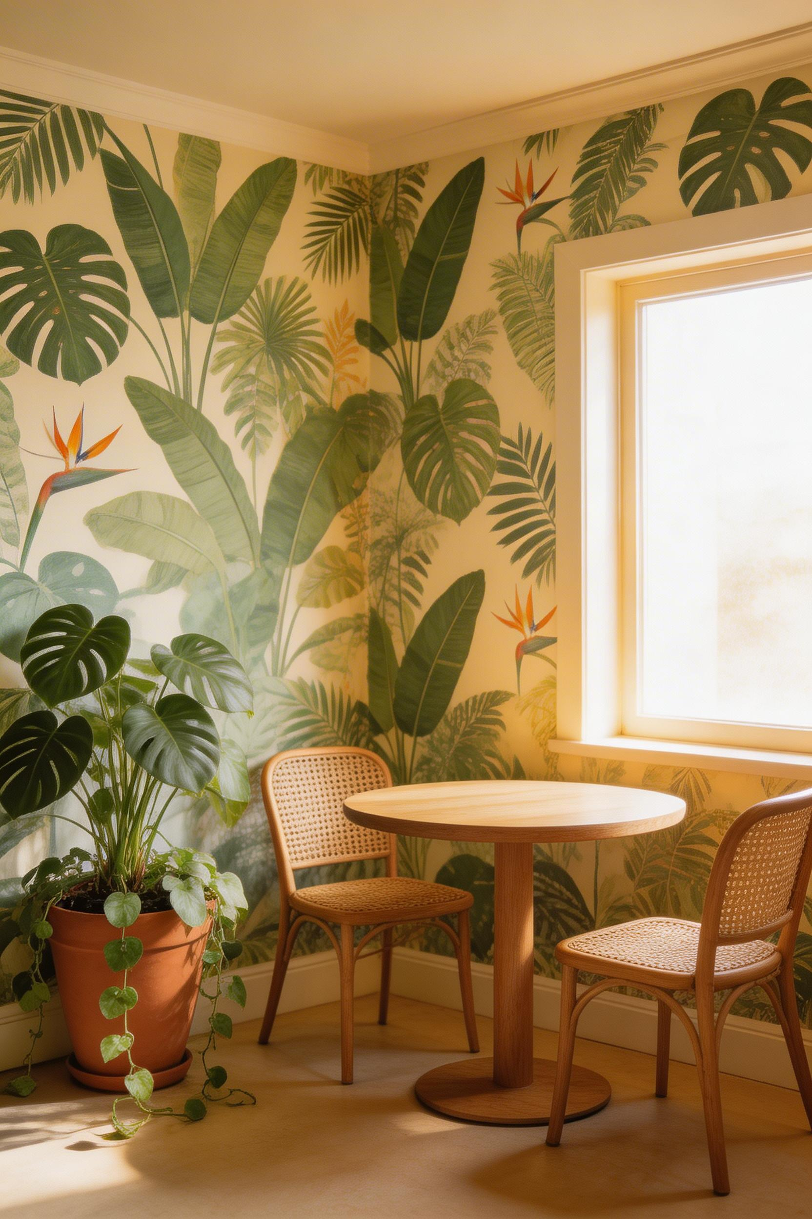 A dense jungle-print wallpaper wraps this kitchen breakfast nook in layered tropical greenery, creating an immersive, garden-like corner that makes every morning feel exotic.