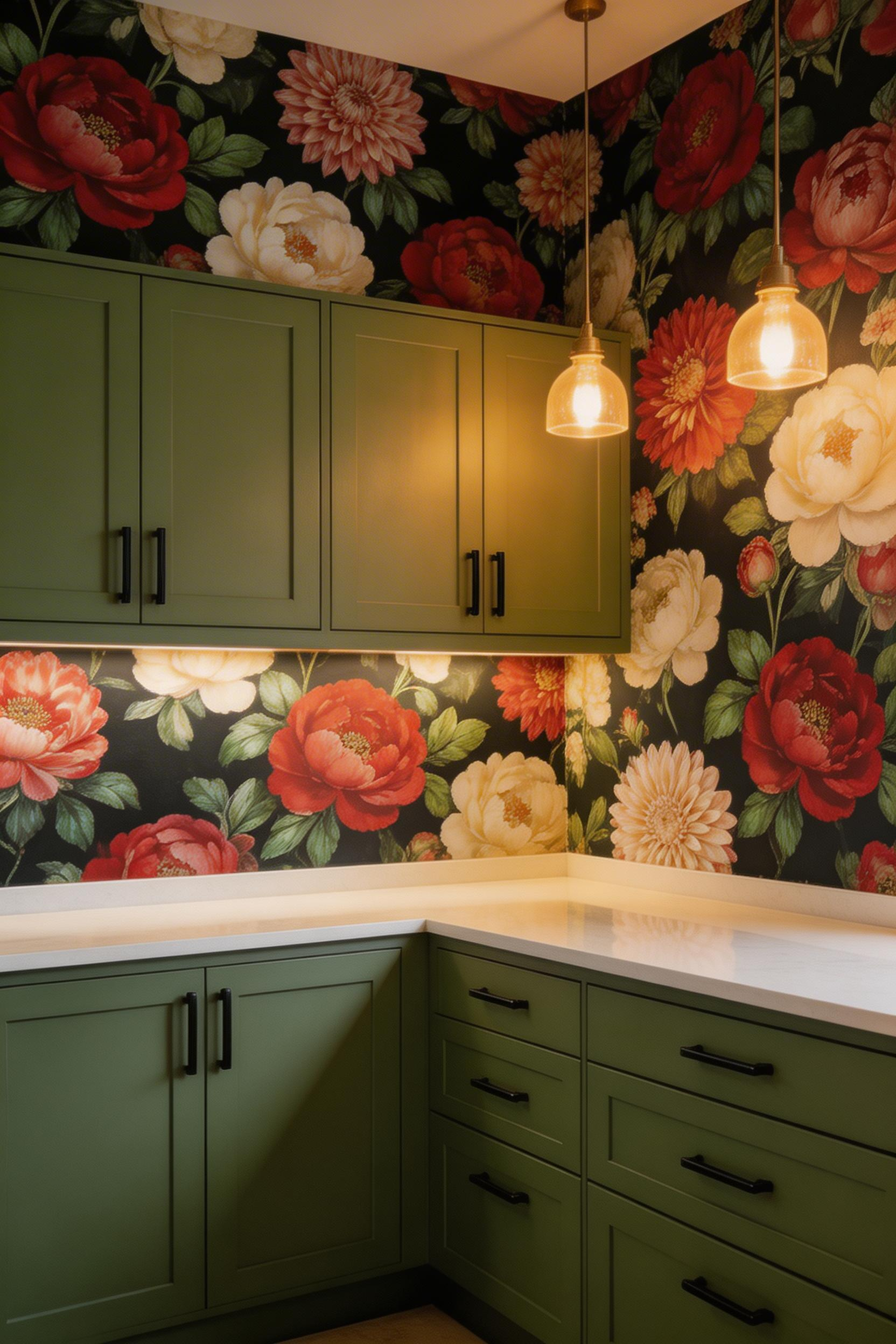 Deep jewel-tone peony wallpaper on a near-black ground turns this kitchen into an enchanted garden — all drama, all depth, none of the chaos.