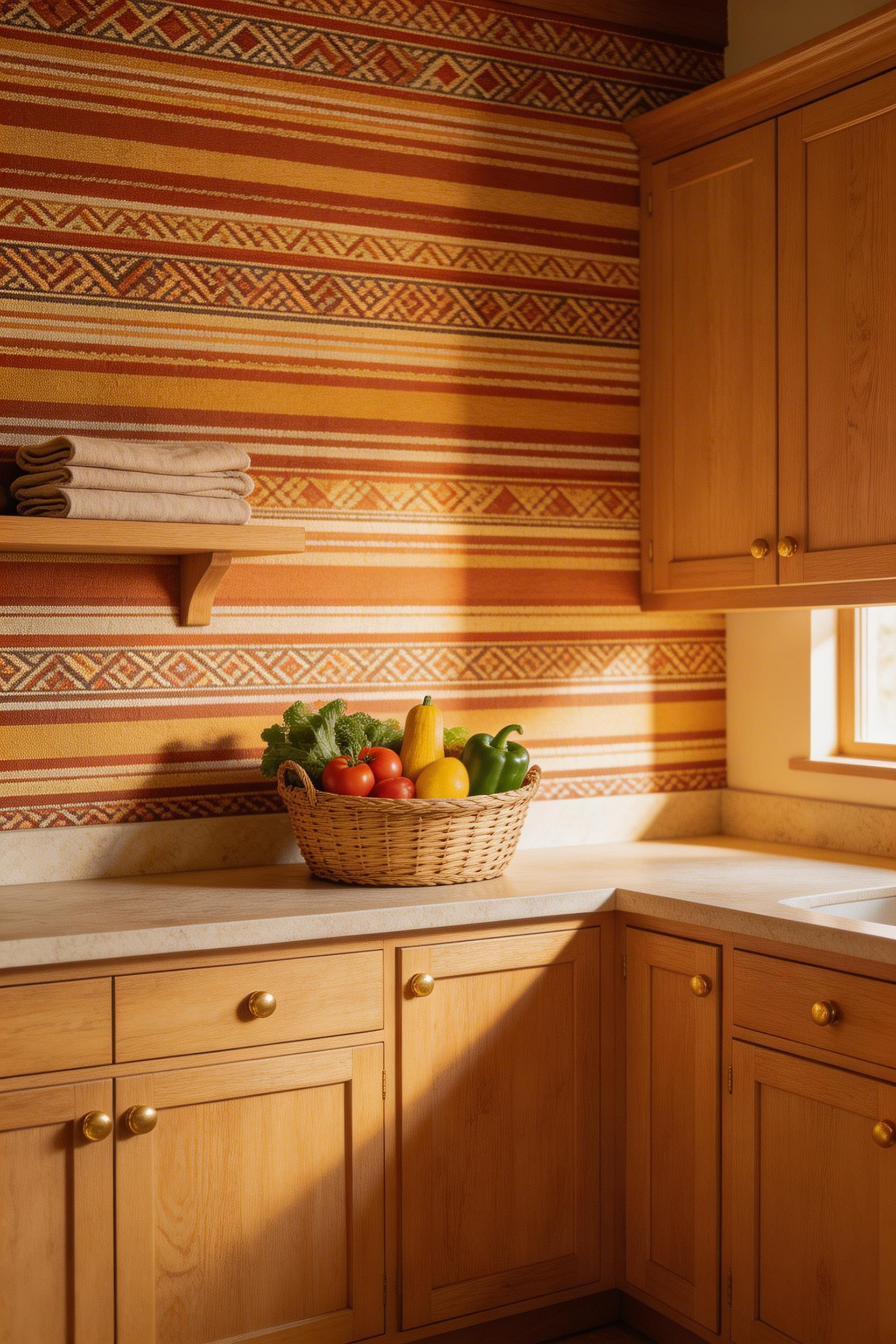 A rust and ochre Southwestern geometric stripe wallpaper wraps this kitchen in the warm, grounded colour story of ancient clay and sun-baked earth.