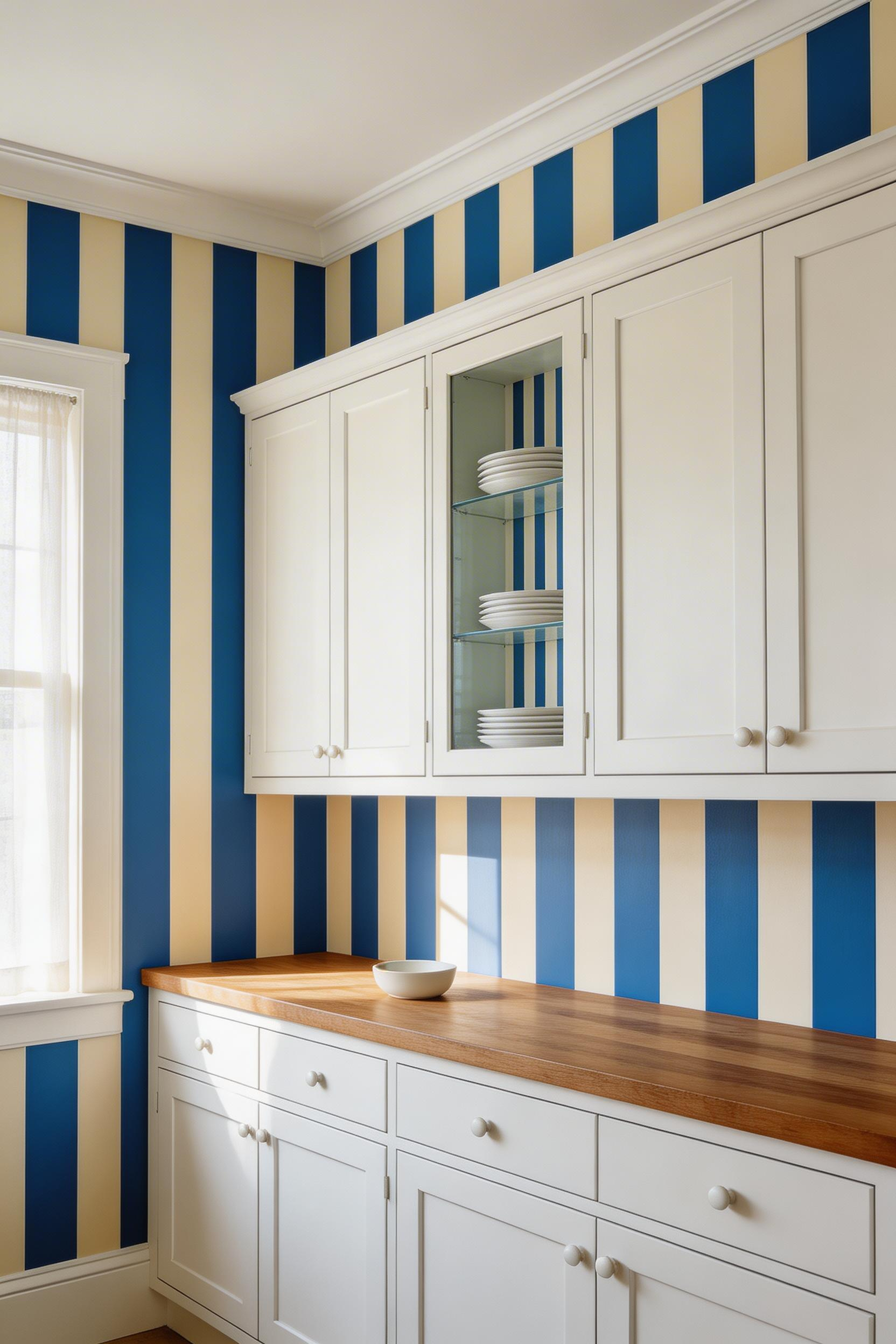 Bold vertical cobalt and cream stripes draw the eye upward to visually raise this kitchen's ceiling, while the glass-fronted cabinet reveals the striped interior as a secondary detail.