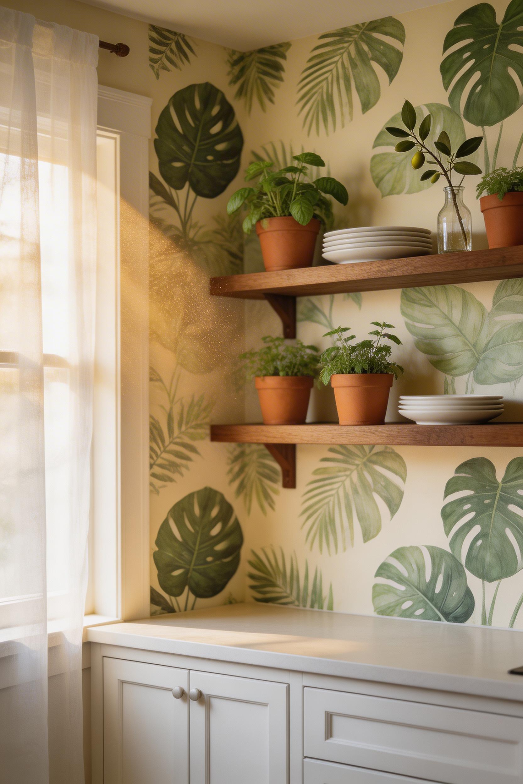 Oversized tropical leaf wallpaper in deep sage and cream transforms this kitchen wall into a living garden backdrop, paired with warm walnut shelving and terracotta herb pots.
