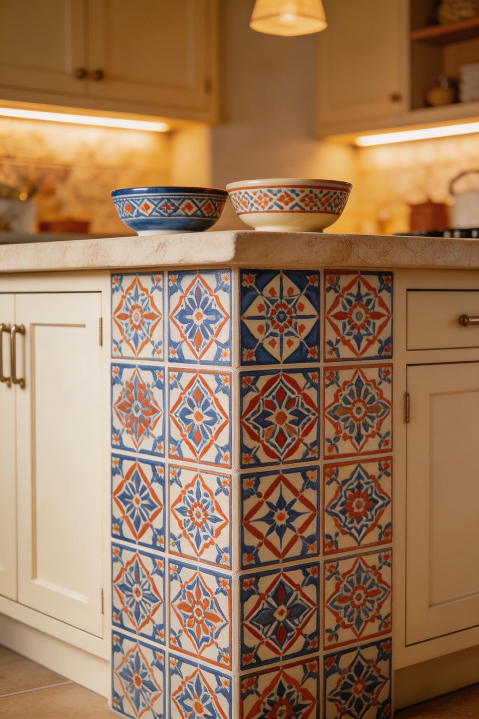Talavera-inspired tile-effect wallpaper on a kitchen island panel delivers hand-painted ceramic character at a fraction of the cost of real encaustic tile.