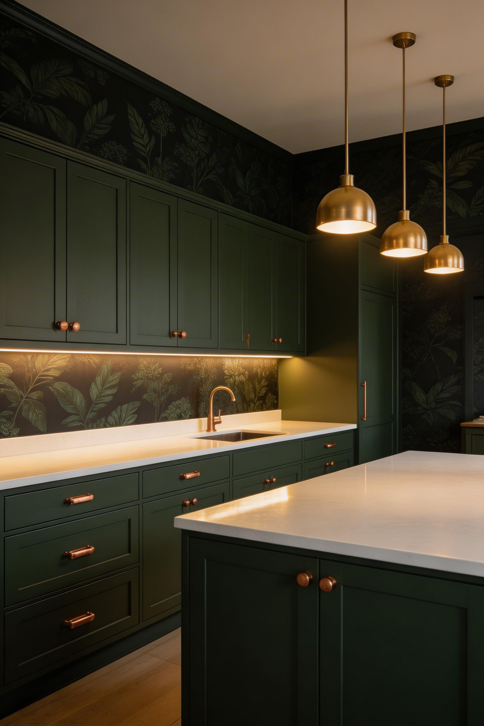 Forest green botanical wallpaper on a near-black ground creates a rich, cocoon-like kitchen atmosphere where warm brass fixtures and white quartz provide the necessary contrast.