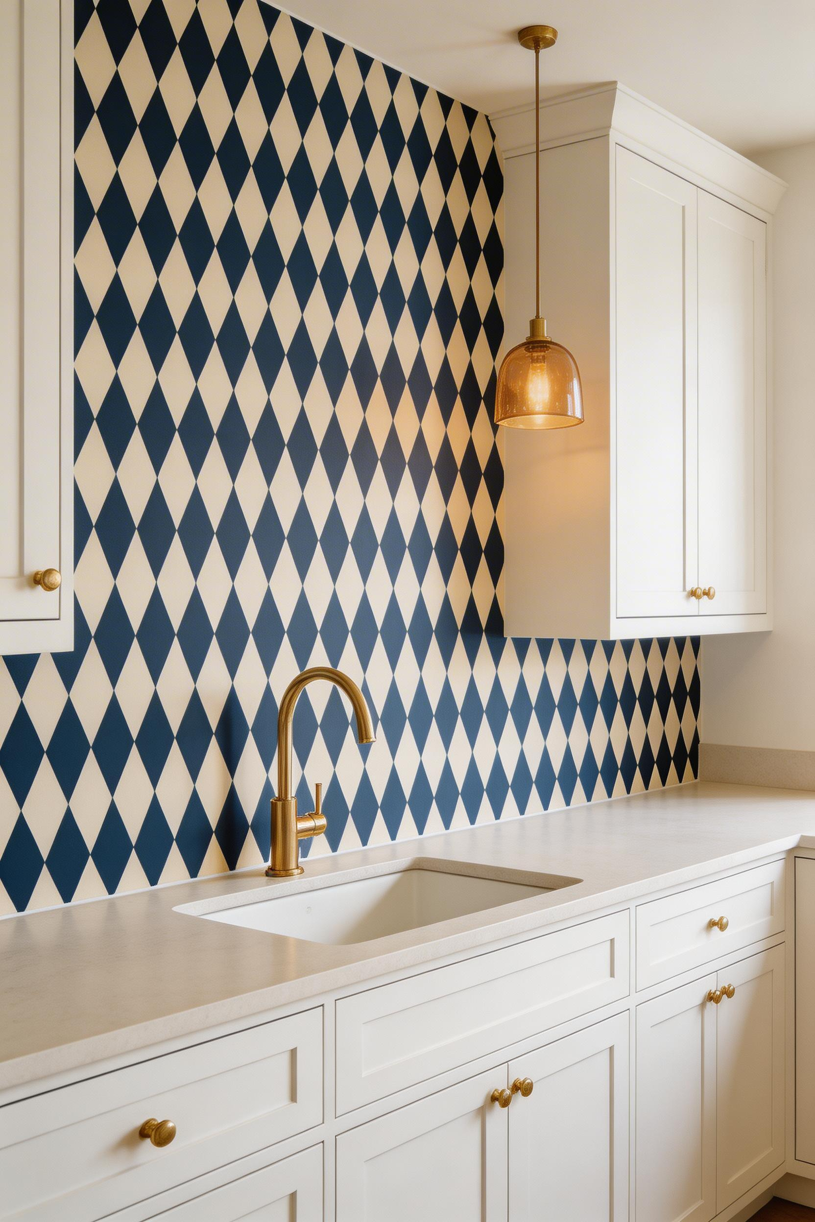 A navy geometric diamond lattice wallpaper on a single kitchen accent wall provides bold visual structure while the plain white cabinetry keeps the scheme balanced.