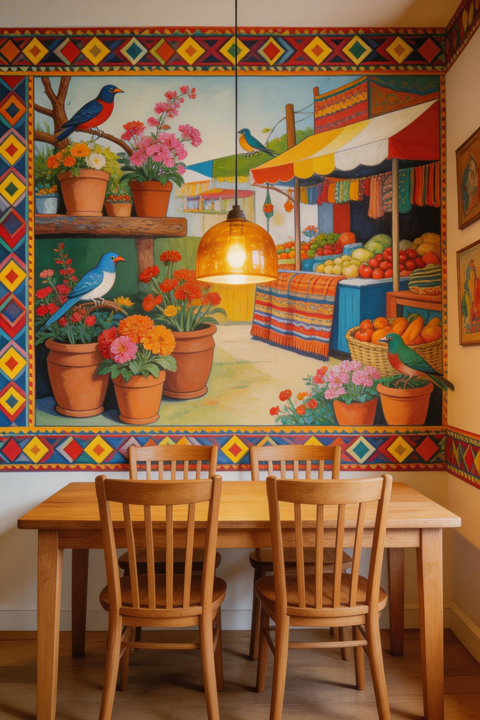 A bold Mexican folk art mural wallpaper turns the dining-adjacent kitchen wall into an artwork — a joyful, hand-crafted scene that makes every meal feel like a celebration.