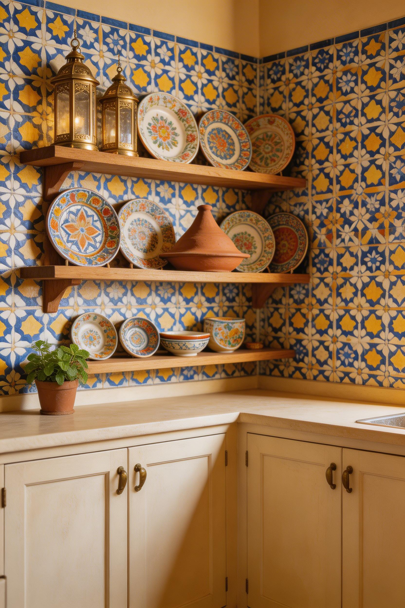 Zellige-star-lattice wallpaper in cobalt, saffron, and ivory brings centuries of Moroccan geometric artistry to this kitchen, deepened by brass lanterns and hand-painted ceramics on open shelves.