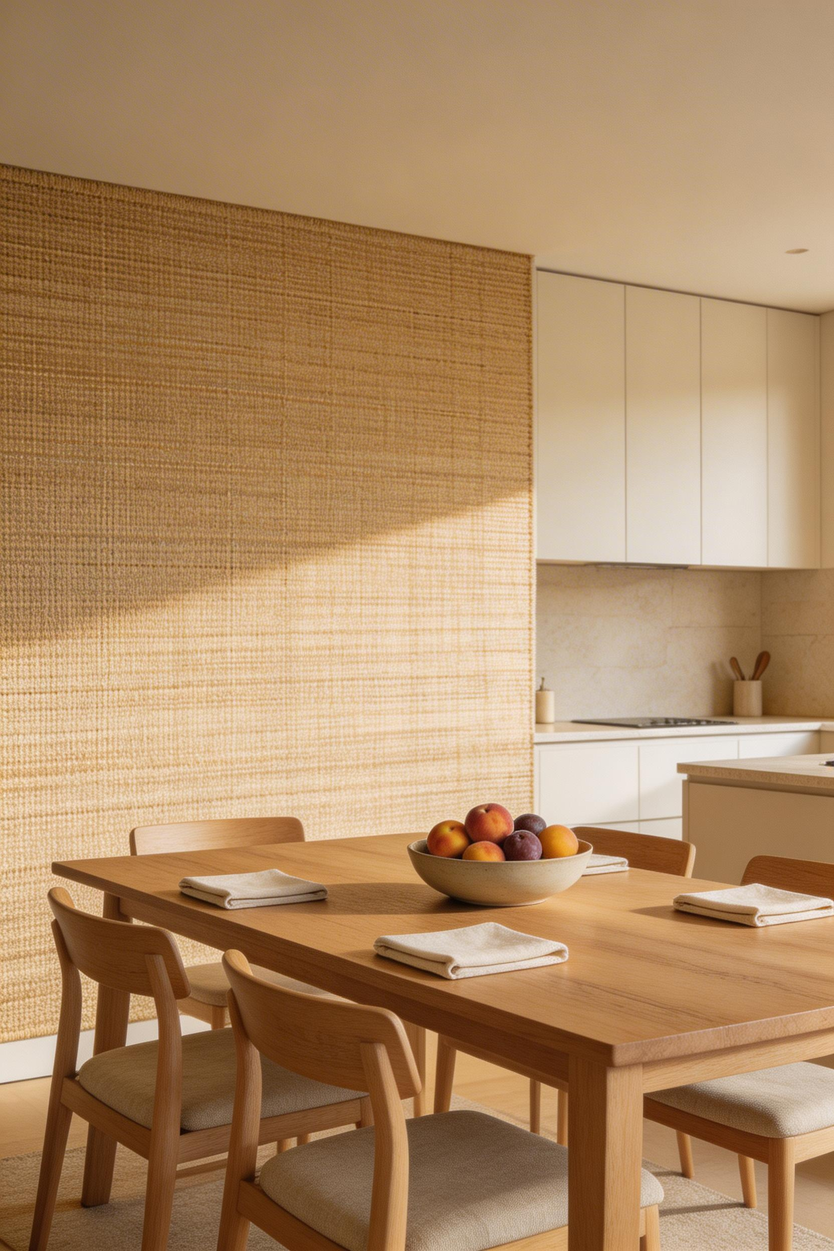 Natural straw-toned grasscloth on the dining zone wall of this open-plan kitchen creates a warm, woven texture that softens the hard surfaces of the cooking side.