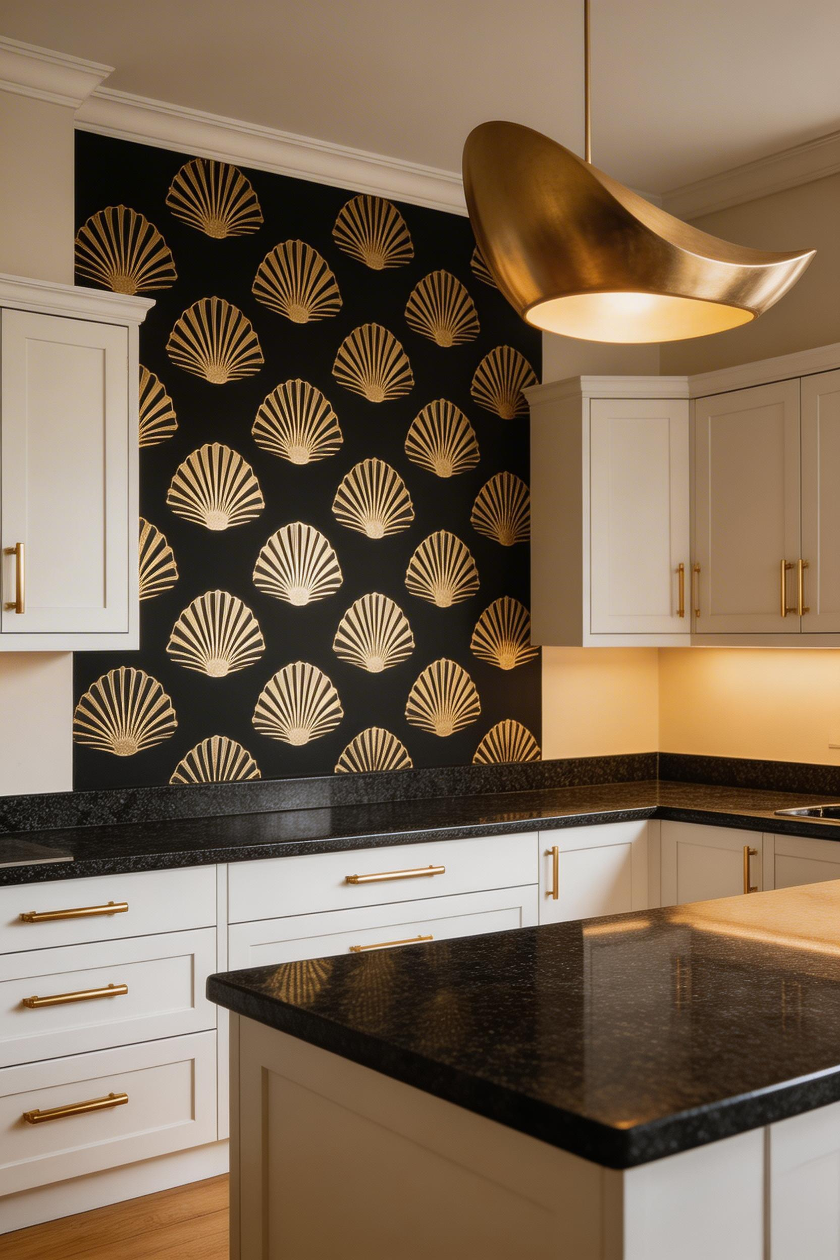 A single Art Deco fan-scallop feature wall in black and metallic gold delivers maximum glamour with minimum commitment in this restrained but impactful kitchen.