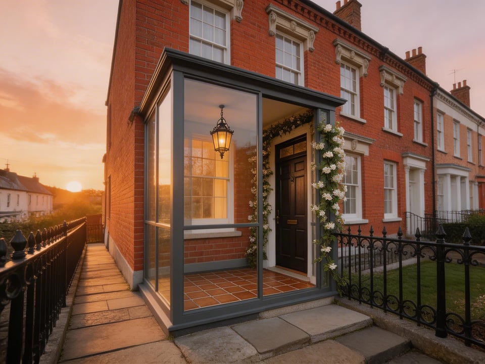 A complete porch remodel on a Victorian terrace: glazed panels, heritage lantern, period railings and star jasmine combine to transform an unremarkable entrance into a considered arrival.
