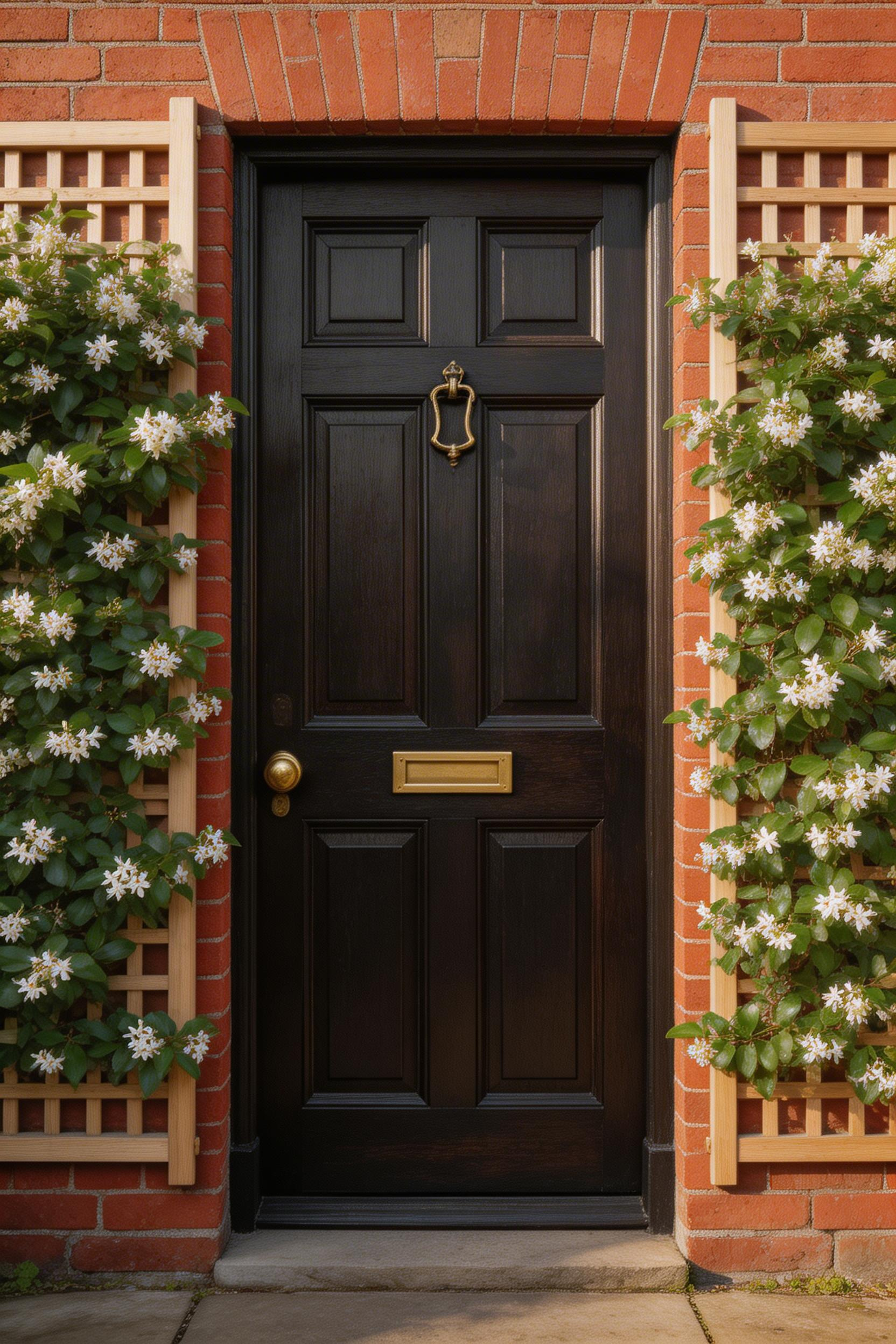 Star jasmine trained up timber stand-off trellis frames a Victorian front door in fragrant evergreen foliage, creating a garden room quality at the entrance.