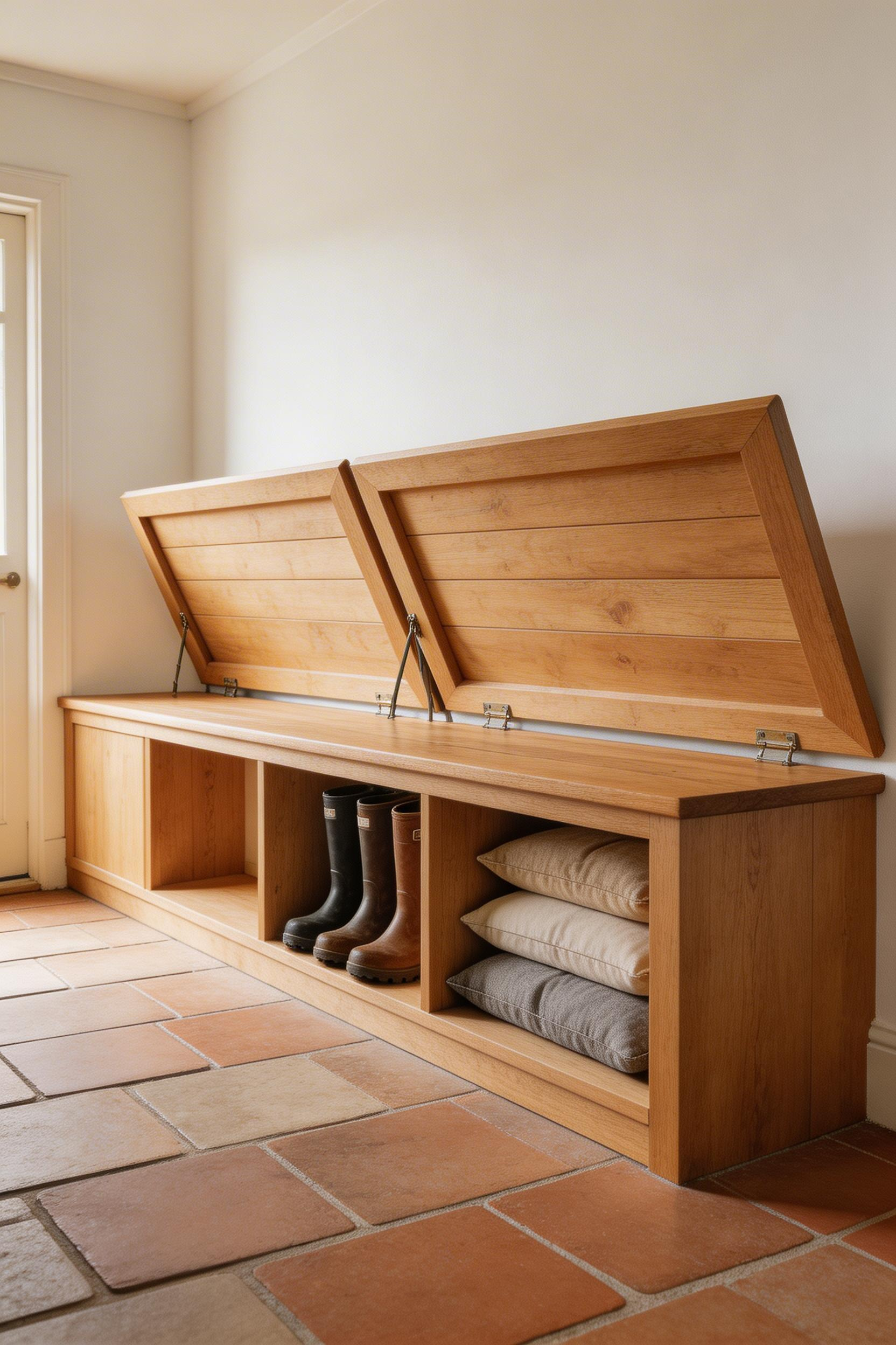 A full-width built-in bench in natural oak with integrated storage below brings order to a small British porch without sacrificing the feel of a designed entrance.