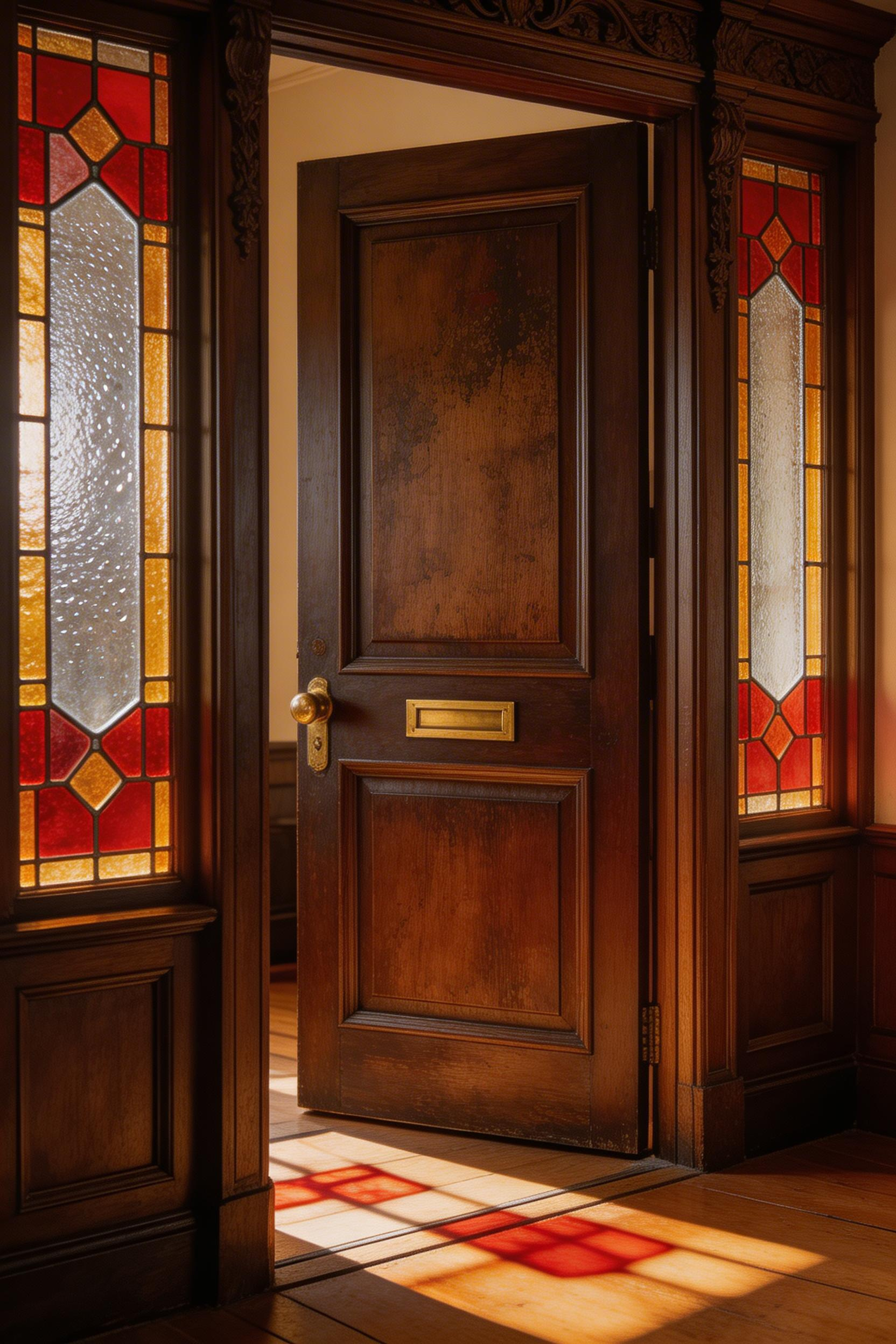 Period leaded stained glass sidelight panels with red and amber margins cast warm coloured light into the hall, transforming the quality of the entrance throughout the day.