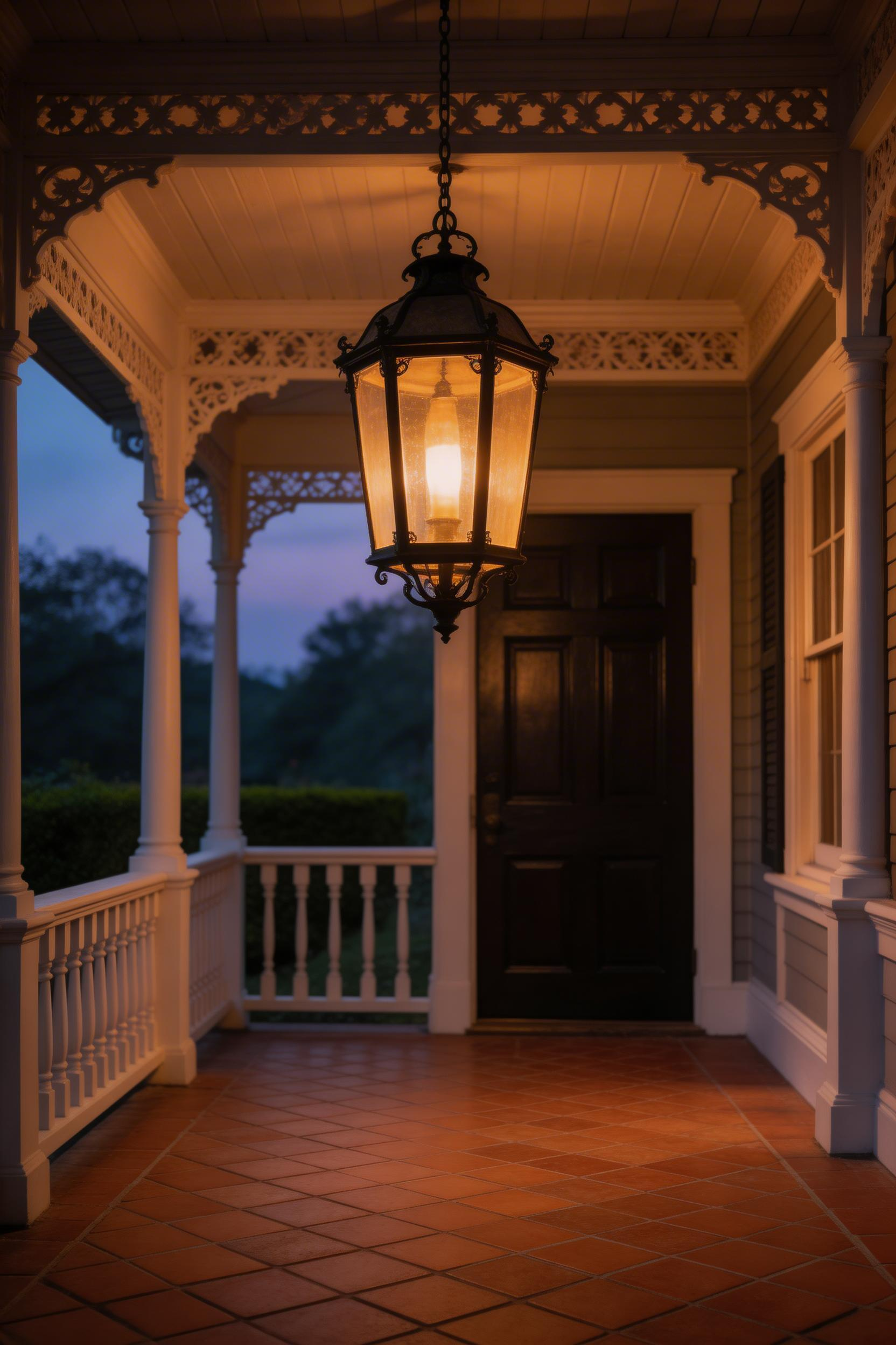 A generously scaled black iron heritage pendant lantern transforms a covered Victorian porch into an inviting evening entrance, casting warm amber light across the quarry tile floor.