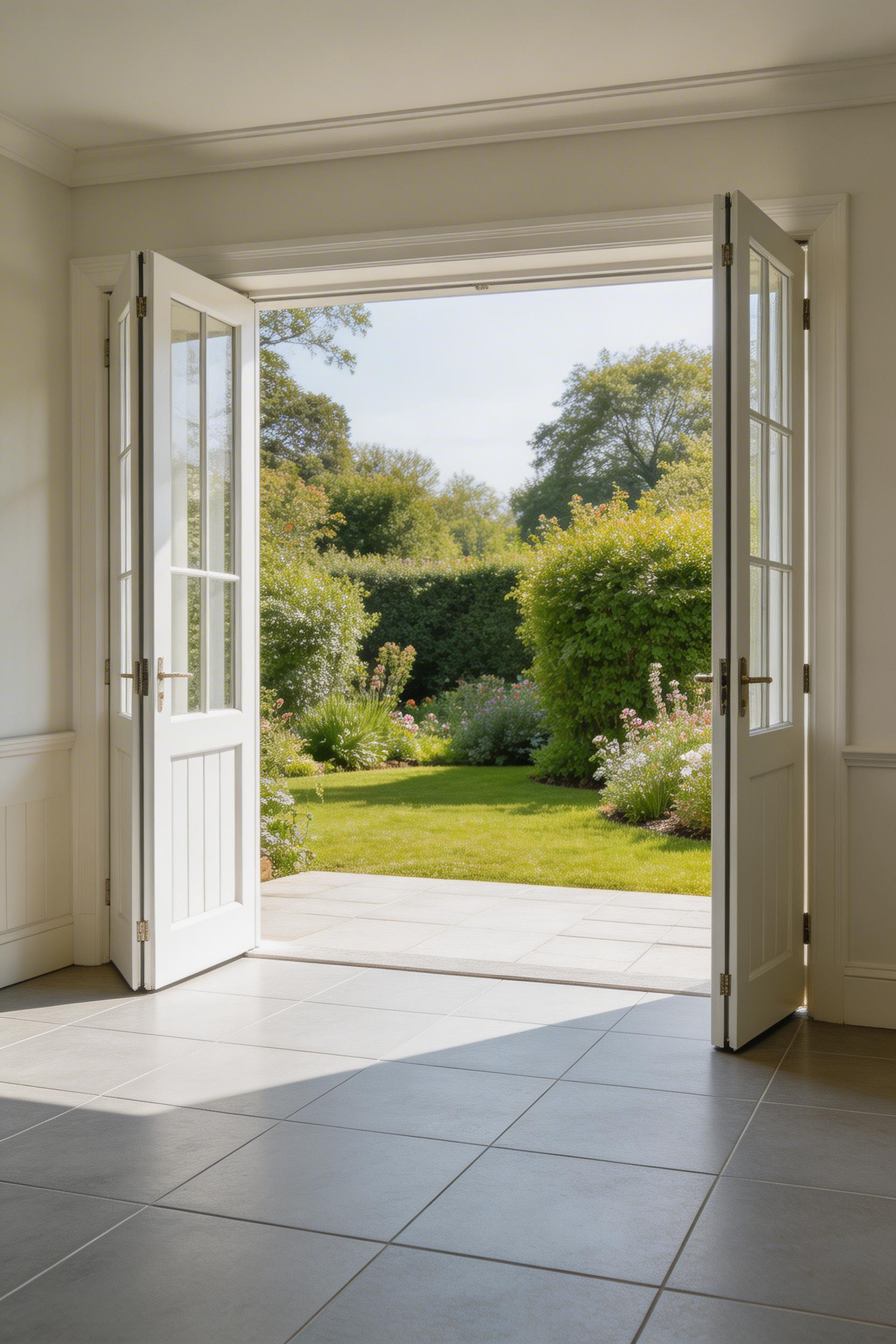 Bifold doors and continuous indoor-outdoor porcelain tiles create a seamless level transition from a rear porch remodel directly onto the garden terrace.
