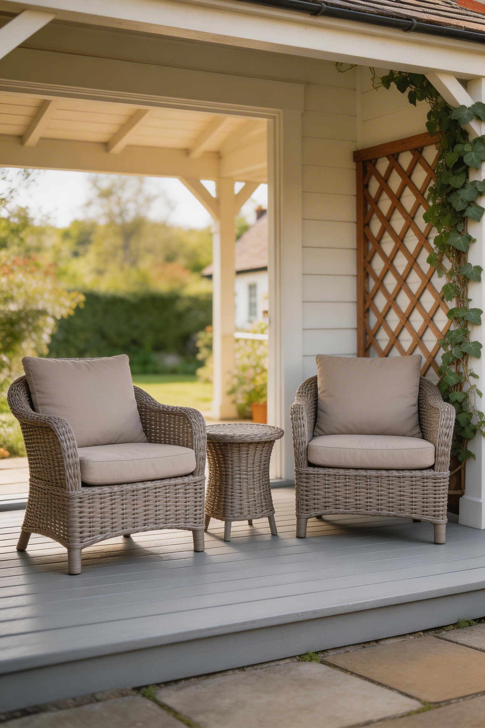 A pair of HDPE synthetic rattan armchairs with Sunbrella cushions brings the garden room feel to an open British porch without the maintenance demands of natural rattan.