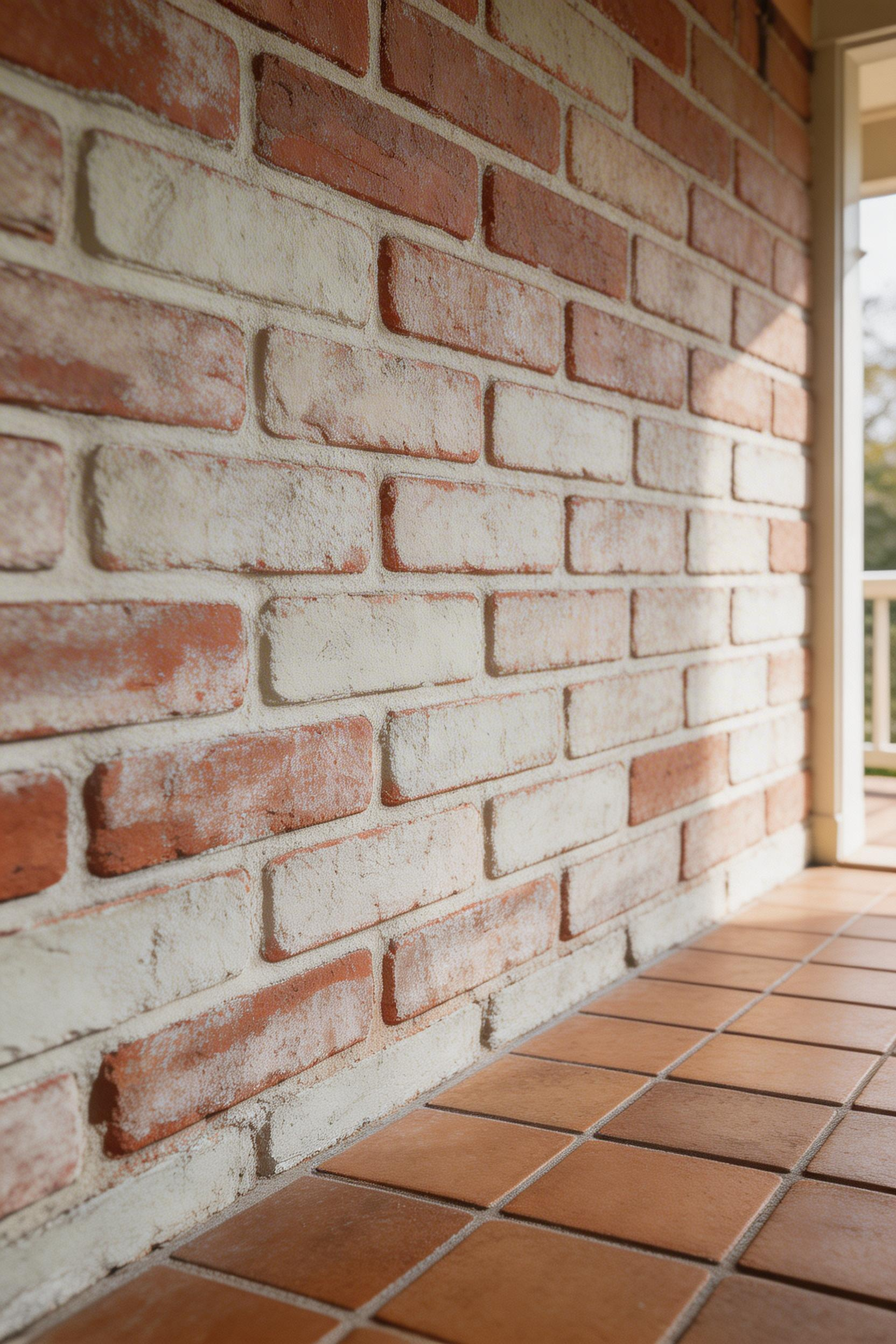 Victorian brick treated with breathable Keim mineral limewash creates a soft, textured feature wall inside a porch, allowing the masonry to breathe naturally.