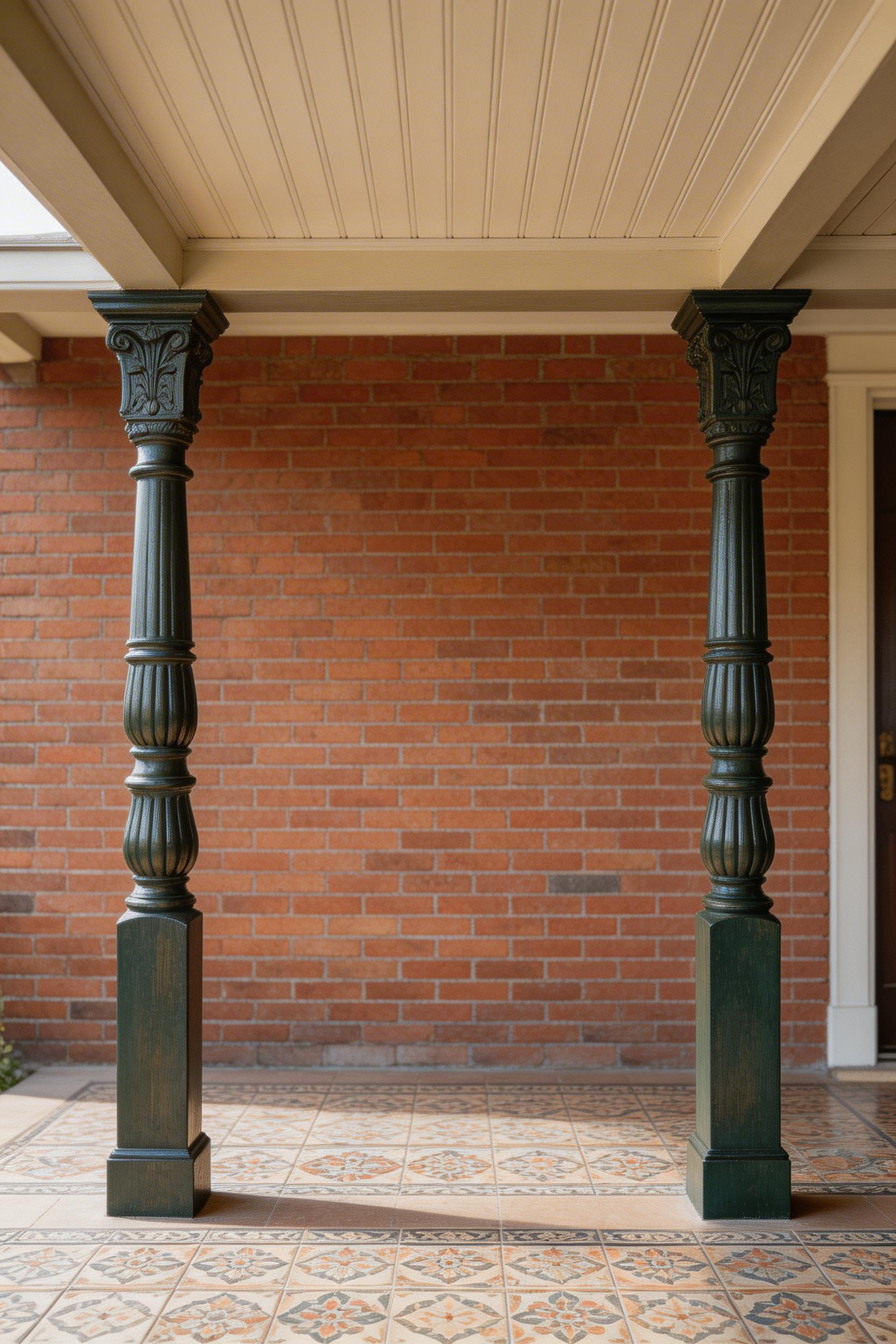 A pair of turned timber columns in period-appropriate profile, finished in a durable penetrating teak stain, define the structure of a classic Victorian covered porch.