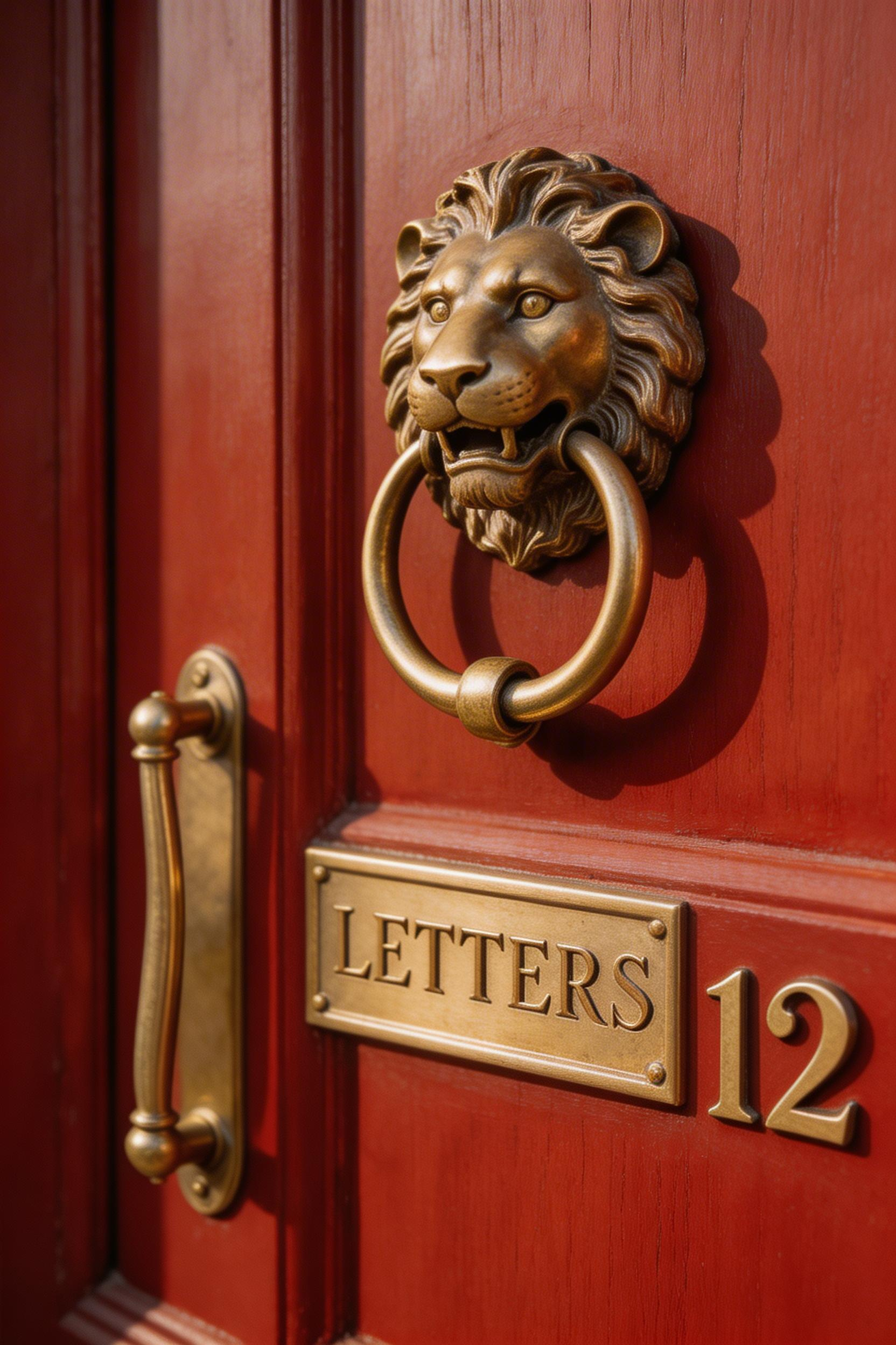 A matched set of unlacquered solid brass Victorian door hardware — knocker, letter plate, pull and numerals — completes the porch remodel with the detail that rewards closest scrutiny.