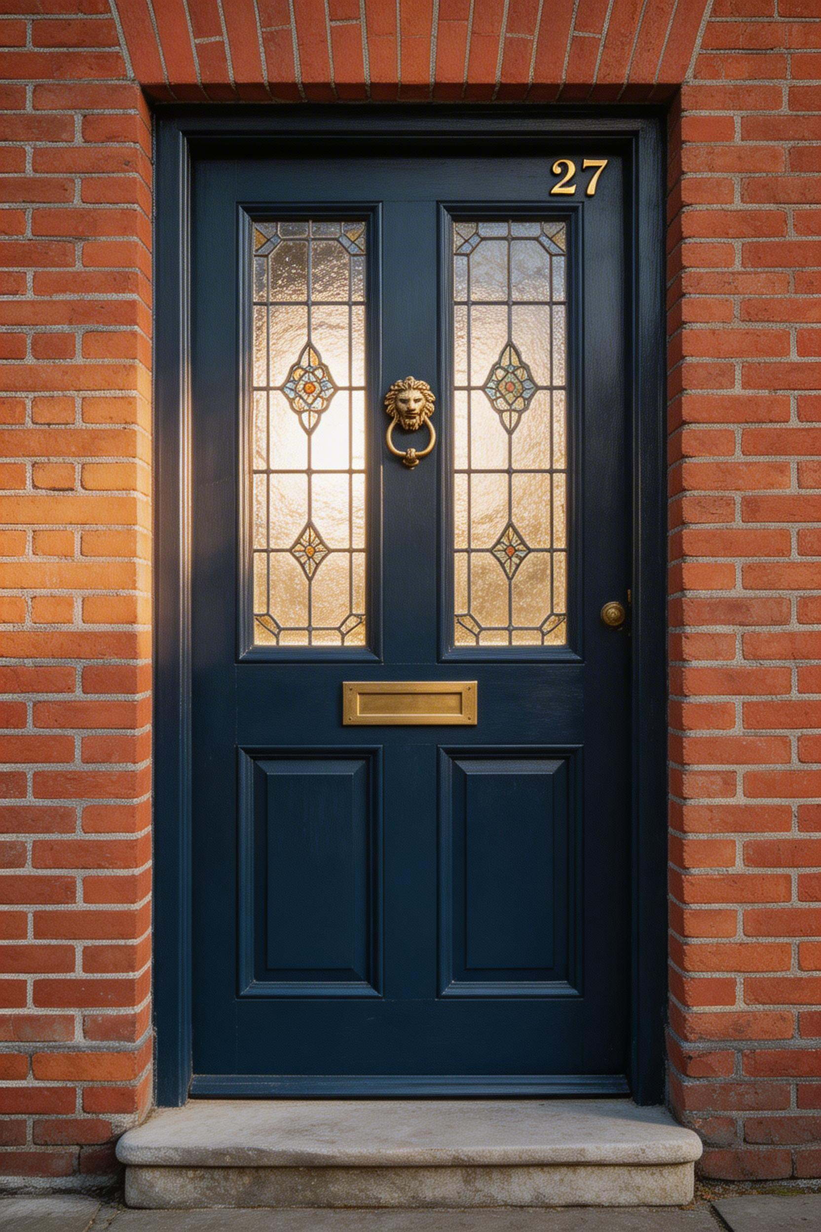 A deep Hague Blue Edwardian four-panel door with unlacquered brass hardware is the centrepiece that governs every other decision in this porch renovation.