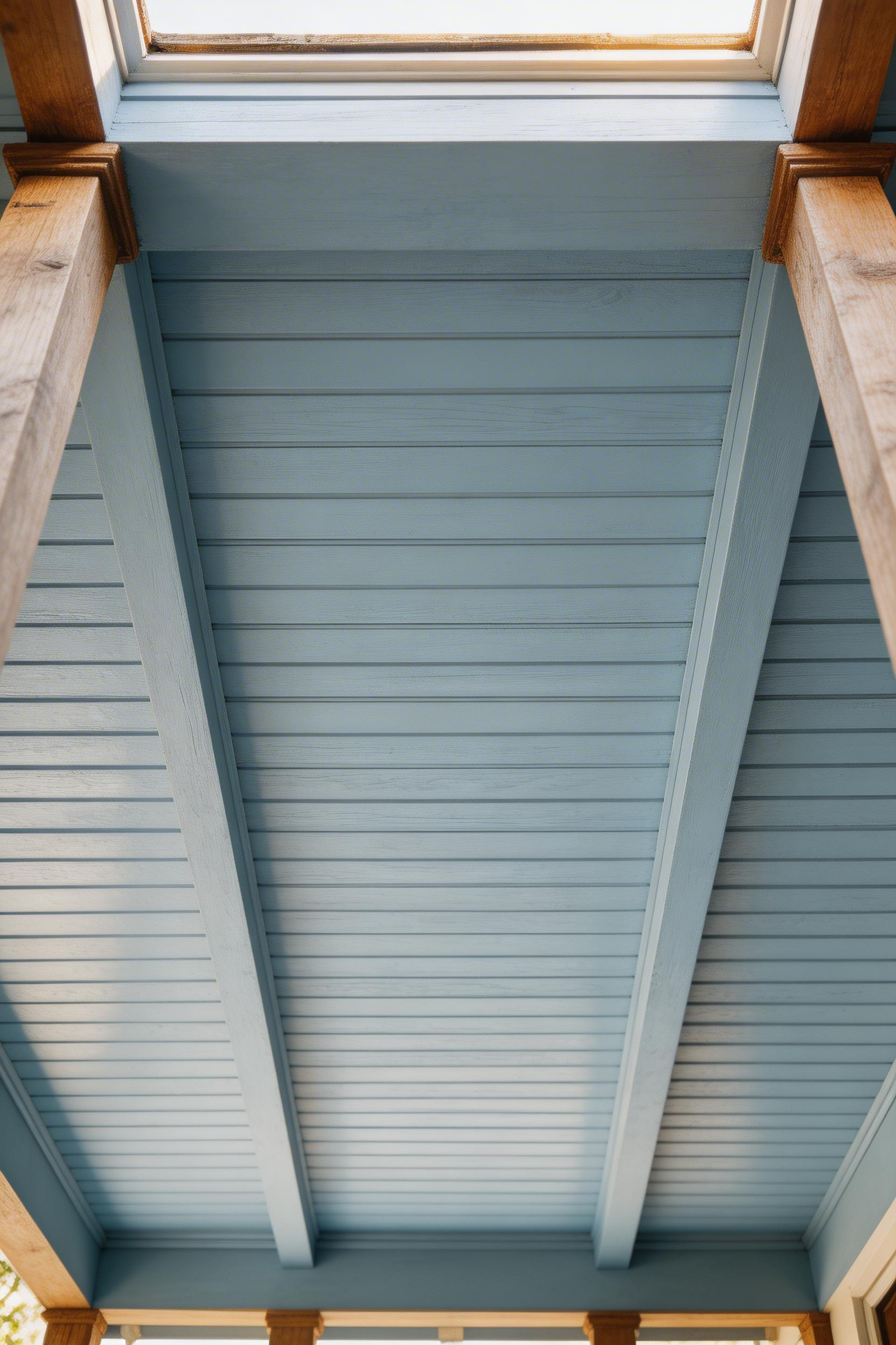 Tongue-and-groove bead board painted in a soft powder blue creates a calm, period-appropriate ceiling for a covered British porch.