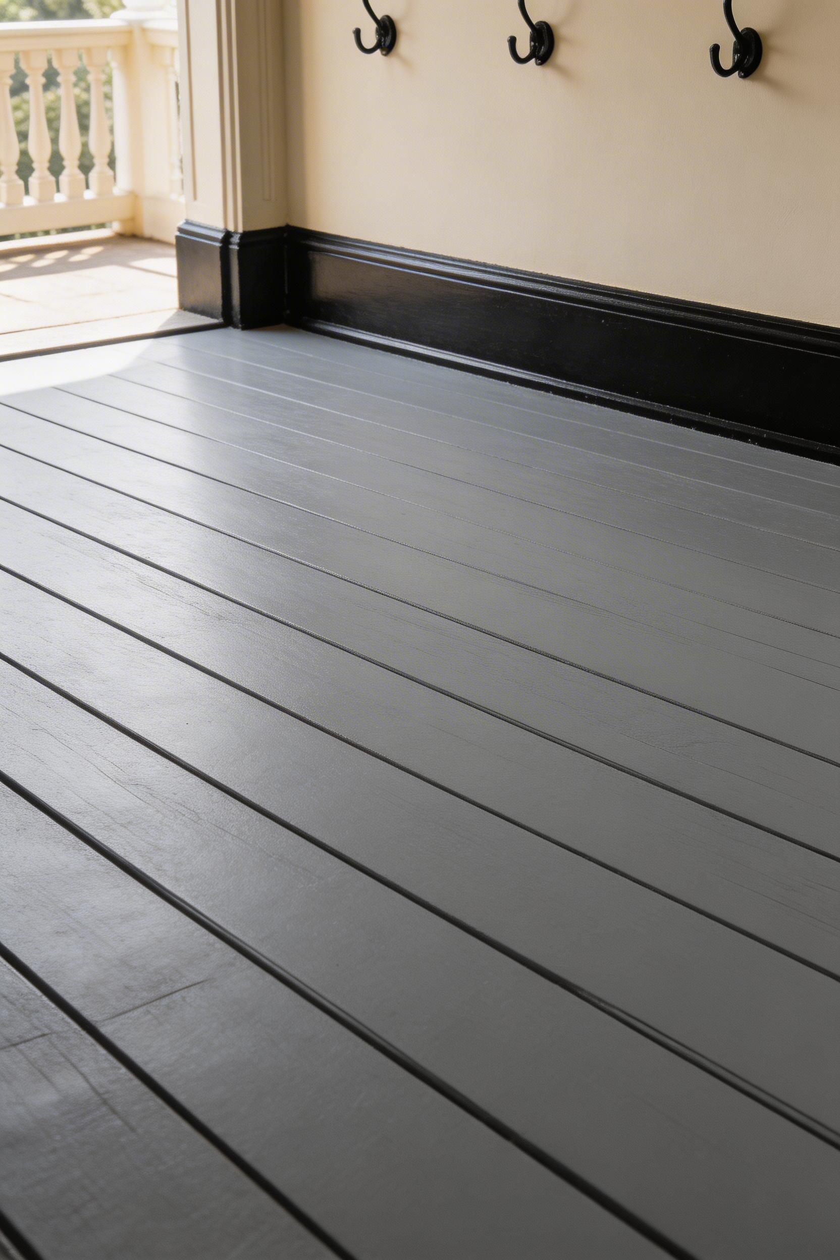 Original Victorian softwood floorboards painted in deep slate grey provide a period-appropriate and cost-effective porch floor that outperforms most replacement options.