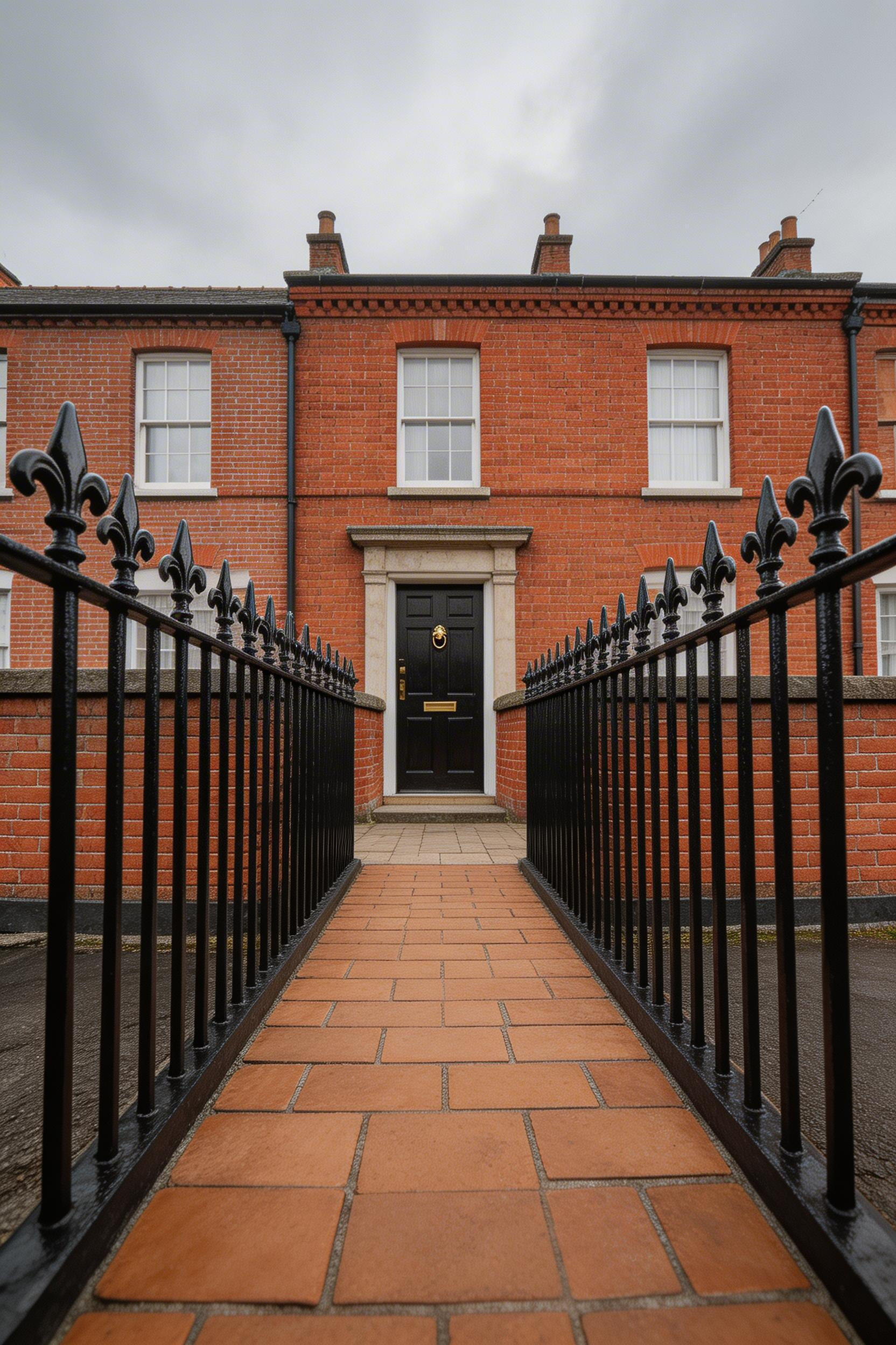 Period-pattern gloss black cast iron railings with fleur-de-lys finials bring authentic Victorian character to a terraced house front path.