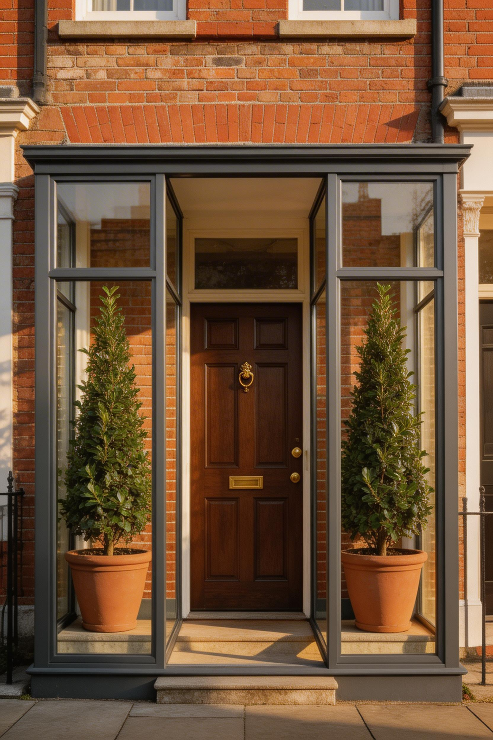 Slim anthracite grey glazed panels transform a plain terraced house entrance into an elegant period-appropriate veranda, adding both thermal and visual character.