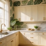 Beautifully styled kitchen with bold botanical wallpaper and warm natural light.