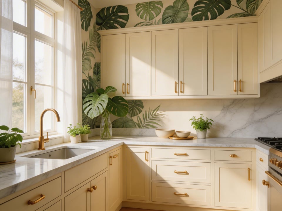 Beautifully styled kitchen with bold botanical wallpaper and warm natural light.