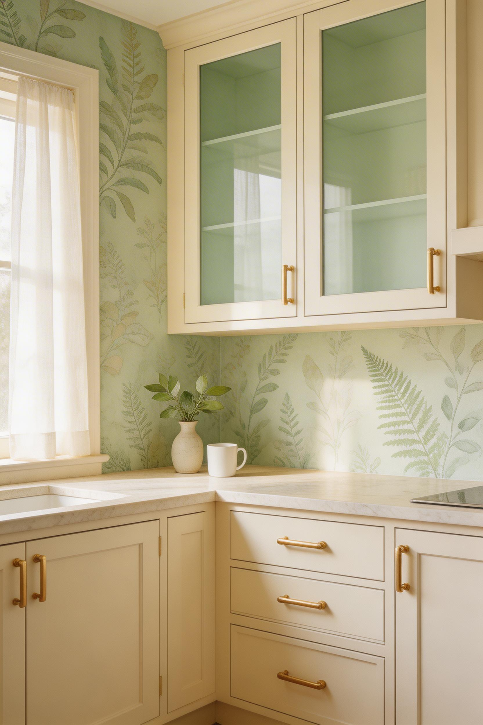 Sage watercolor nature print kitchen wallpaper with painted glass cabinet fronts, with natural light and editorial styling.