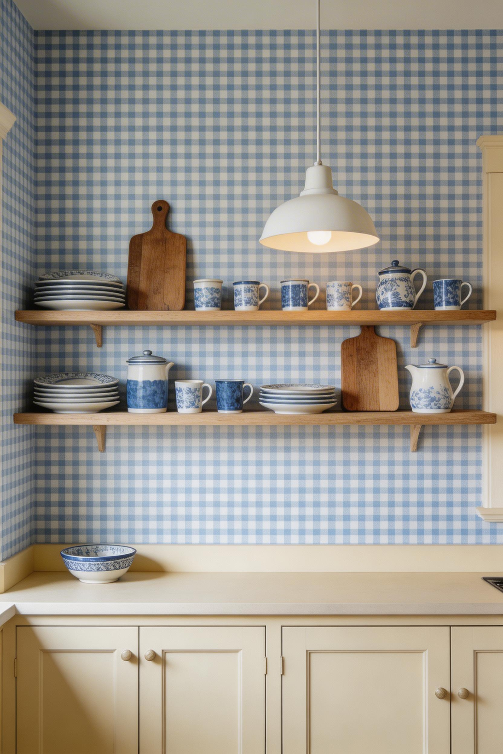 Classic blue and white gingham kitchen wallpaper in a cottage kitchen, with natural light and editorial styling.