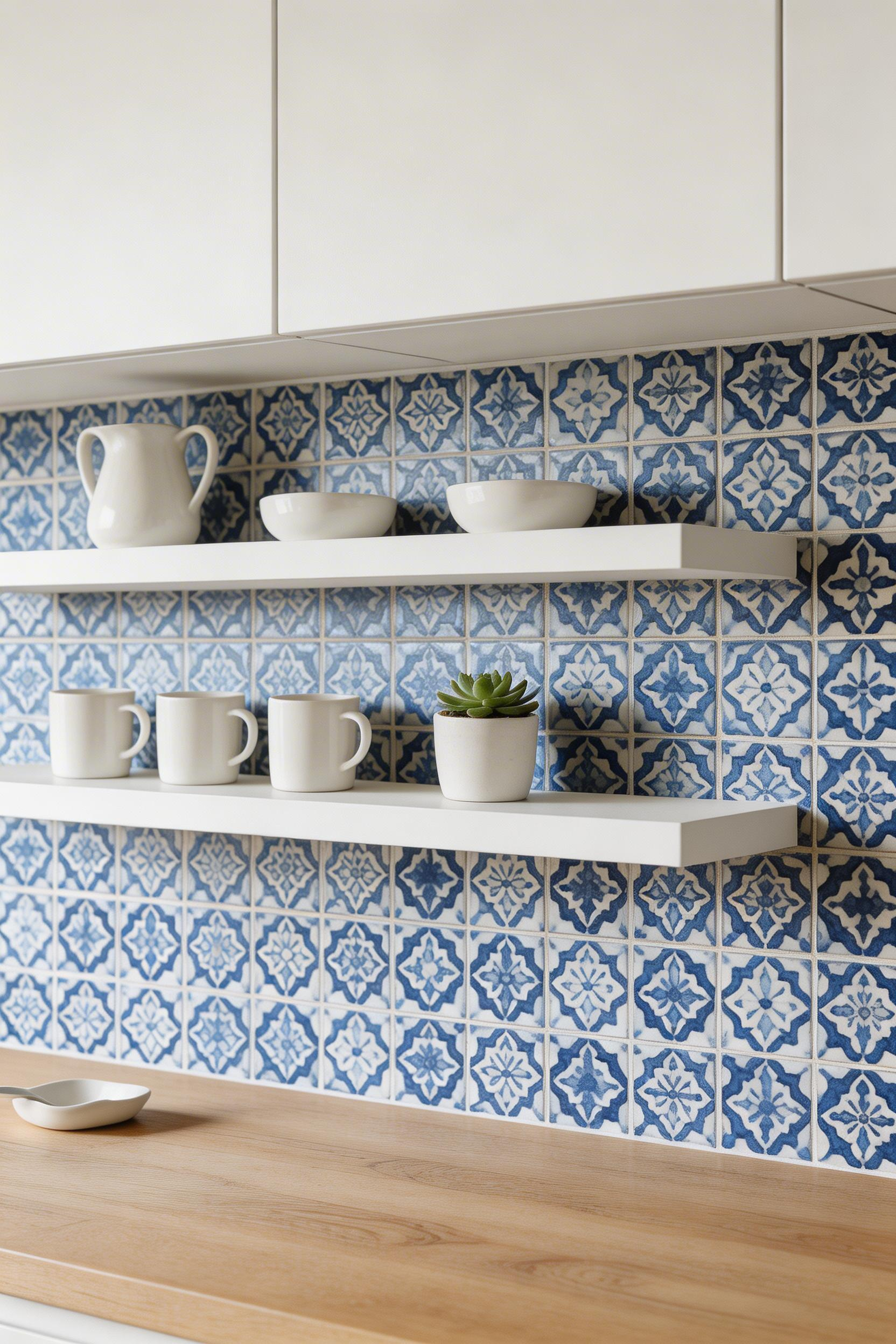 Geometric tile-effect kitchen wallpaper doubling as a stylish backsplash, with natural light and editorial styling.