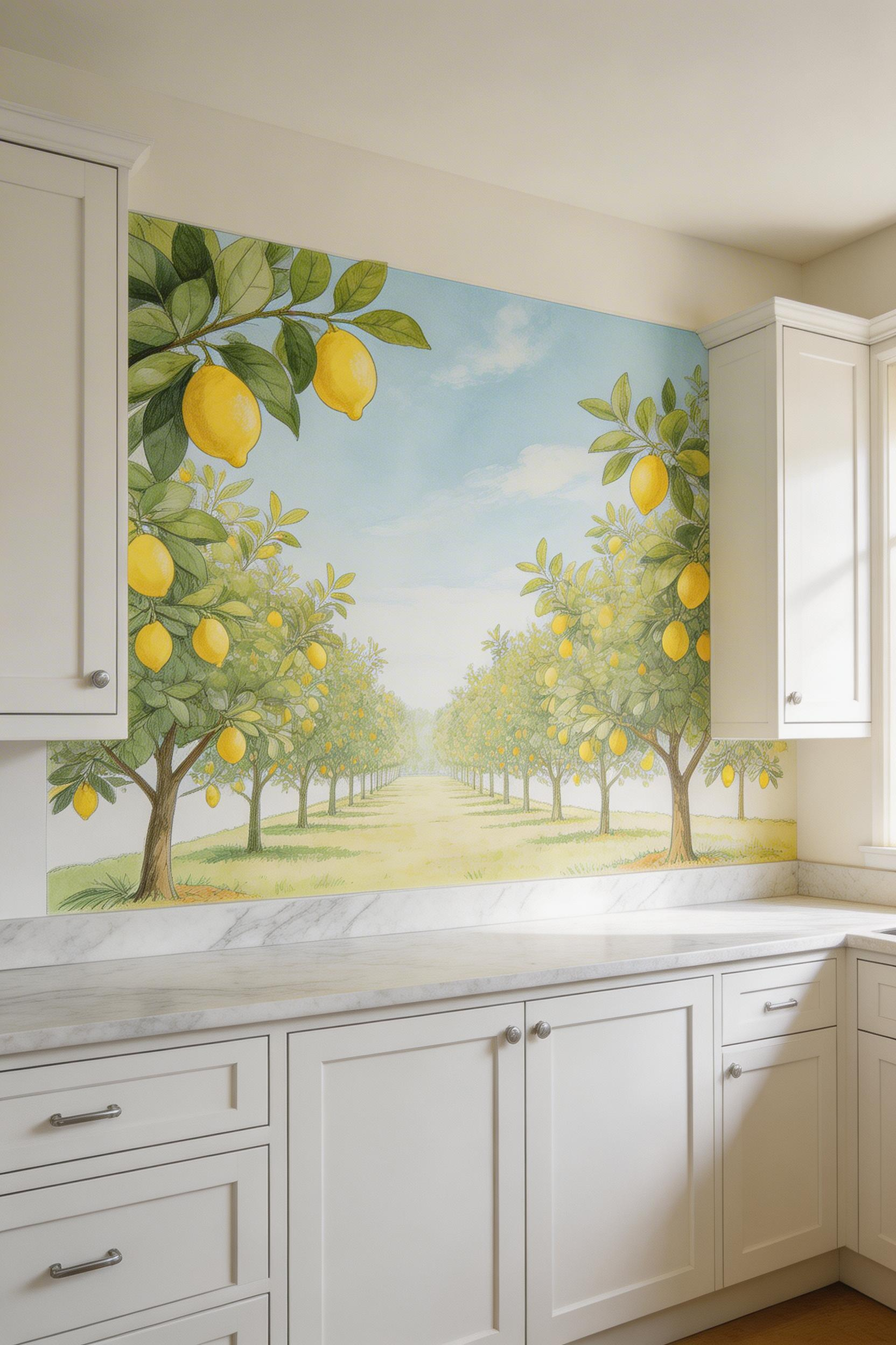 Citrus orchard mural-style kitchen wallpaper as a dramatic focal wall, with natural light and editorial styling.