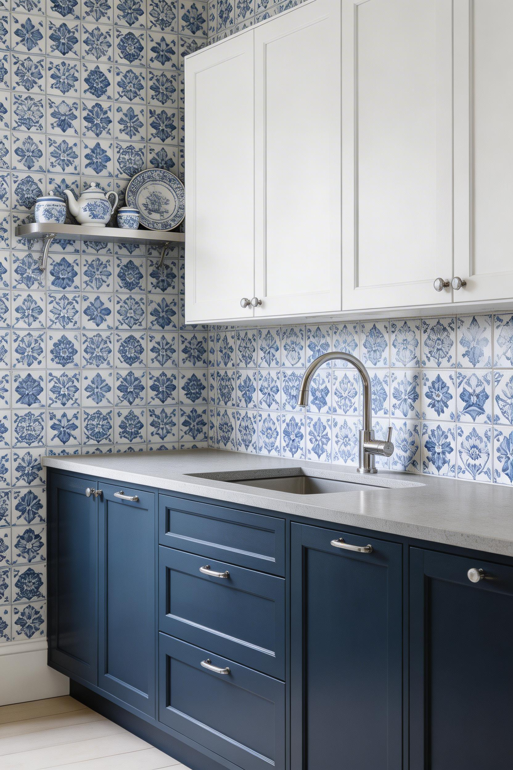 Blue and white delftware kitchen wallpaper with navy island and chrome fixtures, with natural light and editorial styling.