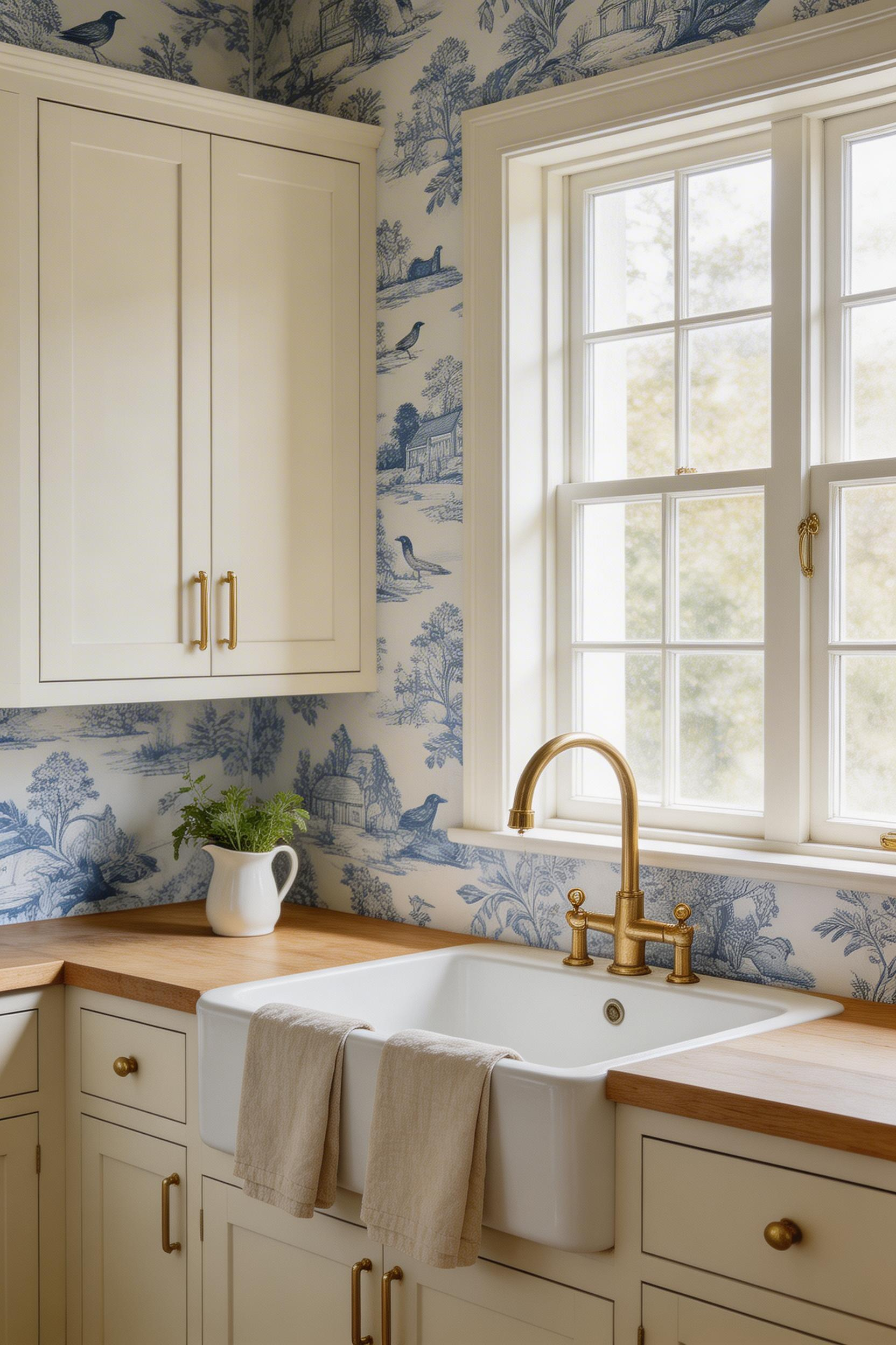 Vintage french toile wallpaper in a heritage kitchen with cream cabinets, with natural light and editorial styling.