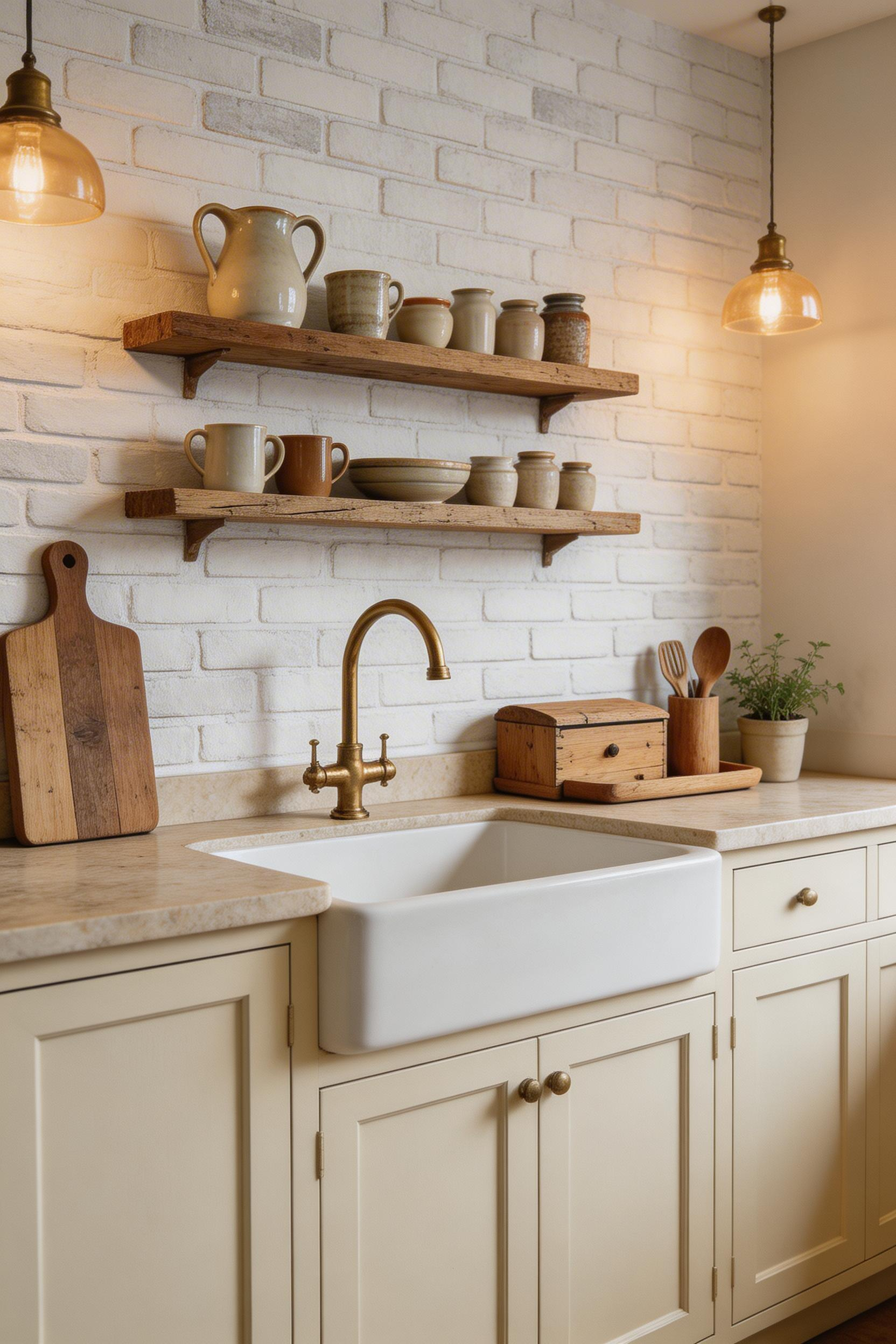 Farmhouse brick-effect vinyl kitchen wallpaper with cream cabinets and stone worktop, with natural light and editorial styling.